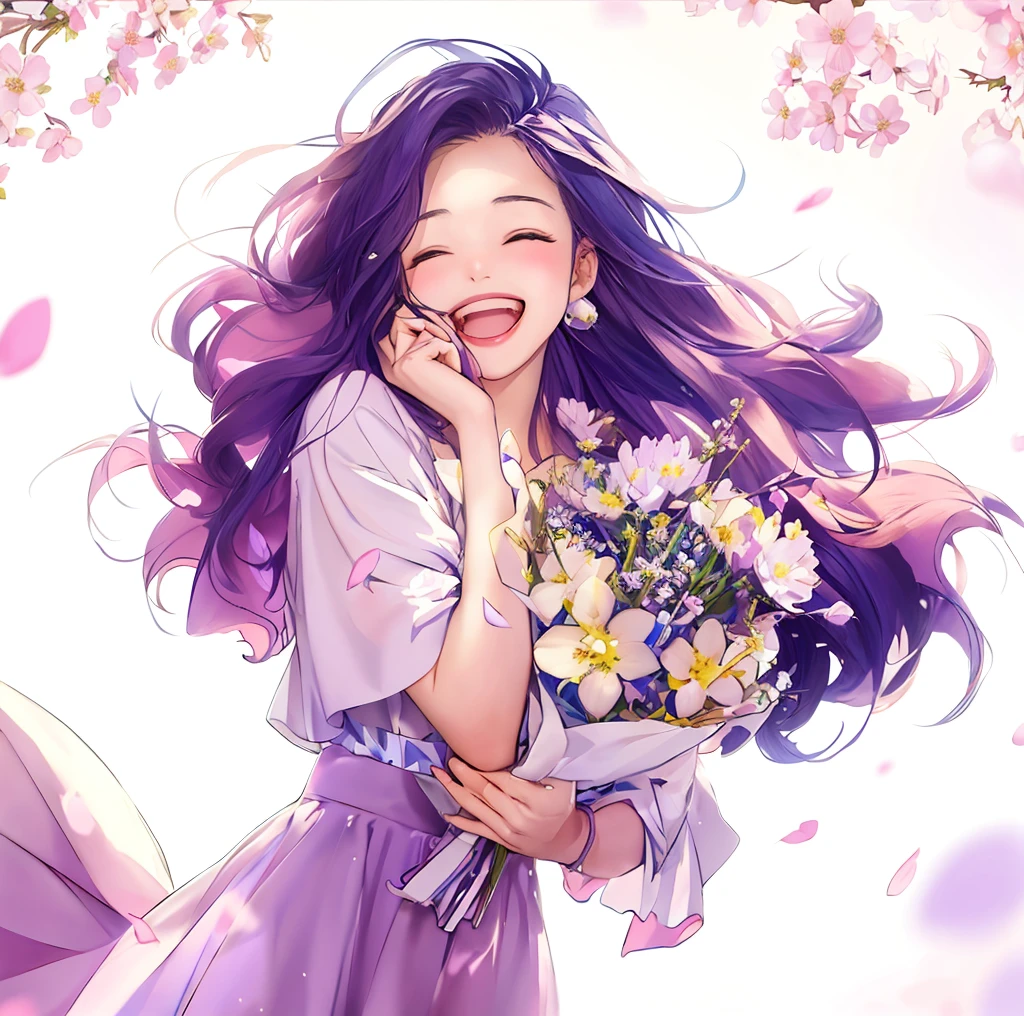 Anime girl with flowers in her hands,With a smile on his face, with flowers, Guviz, she expressing joy, beautiful and smiling, laughing sweetly, Lovely smile, with a beautifull smile, Middle metaverse, by Yang J, Happy and cheerful look, and she smiling,Very happy, Guviz-style artwork