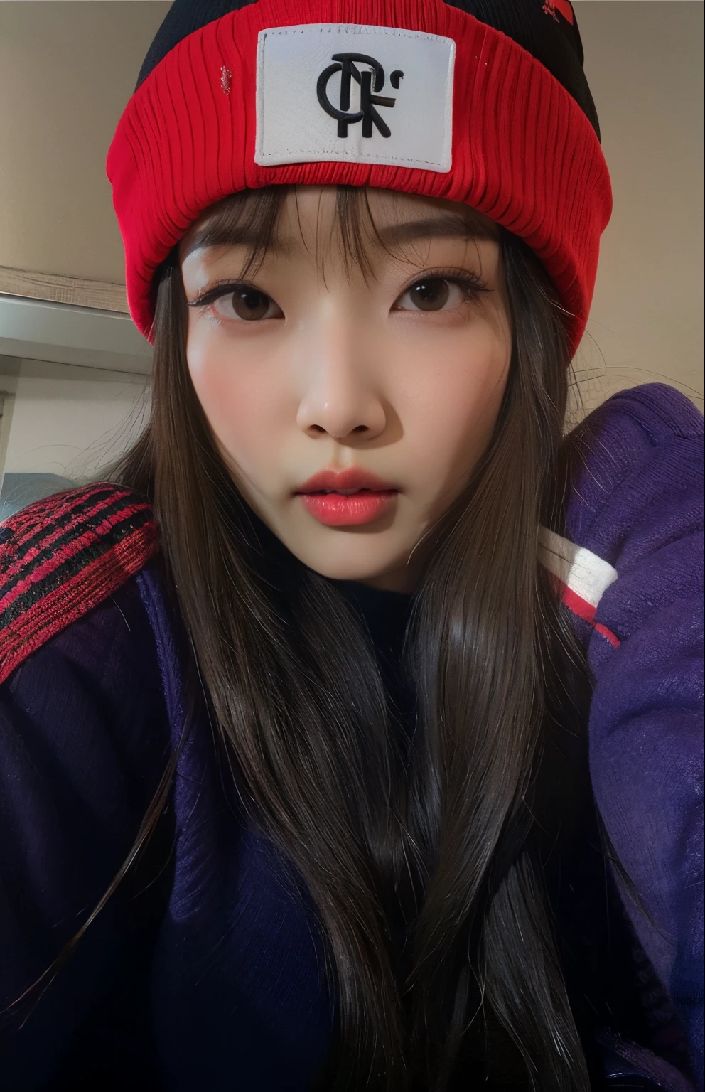 Arafed Asian woman with long hair wearing a red and black hat, Ulzzang, Retrato de Jossi do Blackpink, Jisoo do Blackpink, Jisoo do Blackpink, jossi do blackpink, Parque Roseanne do Blackpink, Parque Ji-min, Kim Doyoung, Jinyoung Canela, wan adorable korean face, Lee Ji - Eun, Lee Ji-eun