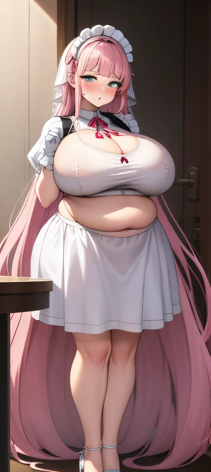 realistic, 1girl, pink hair, very long hair, wear bride veil, straight hair, blunt bangs, (beautiful eyes), blush, ((((white maid dress, fully clothed)))), ((big breast)), maid headband, white hand gloves, high heels, ribbon, night, indoor, staring at viewer, lipstick, closed mouth, bare foot, sfw, very big breast, [big belly], covered belly, thicc girl, standing, fat girl, obese girl