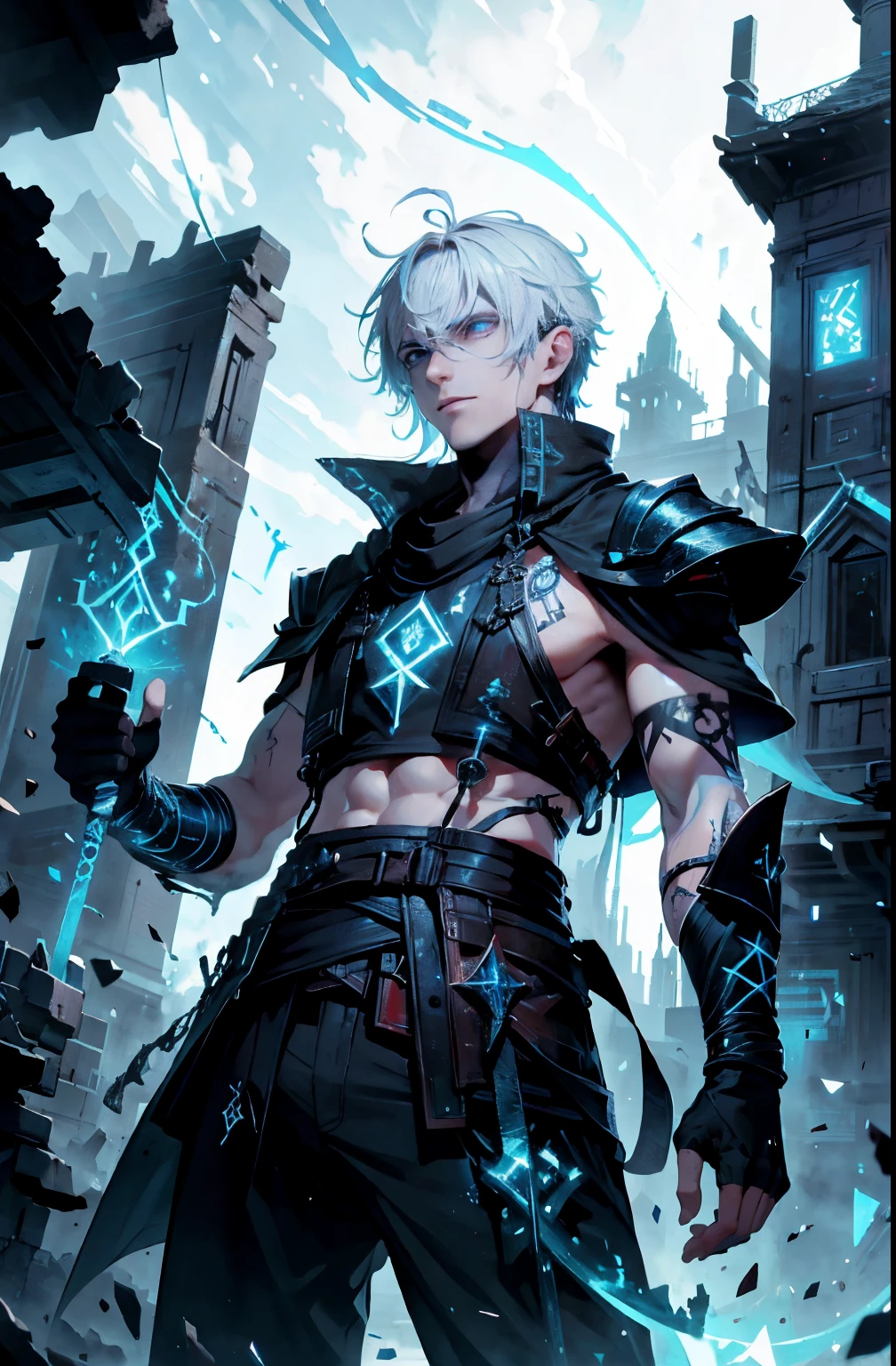 (absurdres, highres, ultra detailed), masterpiece, best quality, real light and shadow, solo, a boy with white hair, red sleeveless outfit, handsome, finely eye, detailed face, detailed eye, black scarf, two swords, dual-swords, a swords surround by blue flame, tattoo, from below, look down, ruined city, dark background, swirl, spark, cowboy shot, BREAK, blue eyes, GlowingRunes_paleblue