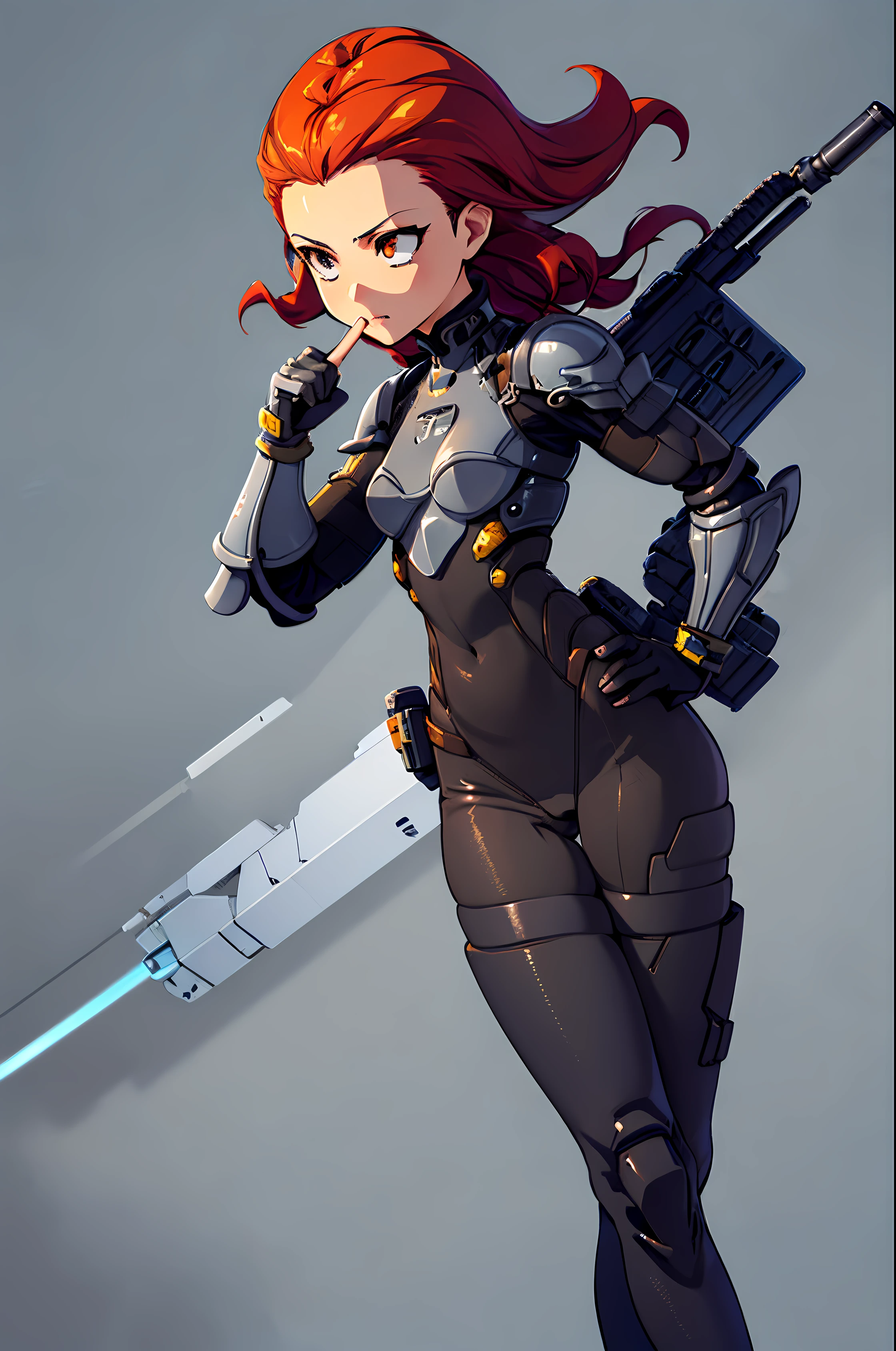 37 year old Asian woman, Chinese eyes the color of honey chocolates, chocolate eye color, Red hair, normal face, small Asian eyes (LATIN woman BODY, WIDE HIPS:1.3),
((precise fingers, correct fingers, beautiful fingers)),futuristic armor on small chests, dynamic poses,equipment strap on the waist, gun on the hip, (bodysuit :1.2),
(machanical armor gloves:1.3),female cybersuits,(mechanical armor leggins:1.2), mechanical, electricity, elaborate detail,armor in cyberpunk style,
female cyborg.diverse cybersuitsbattle field, Full shot, plano integral fotografia, low angle camera