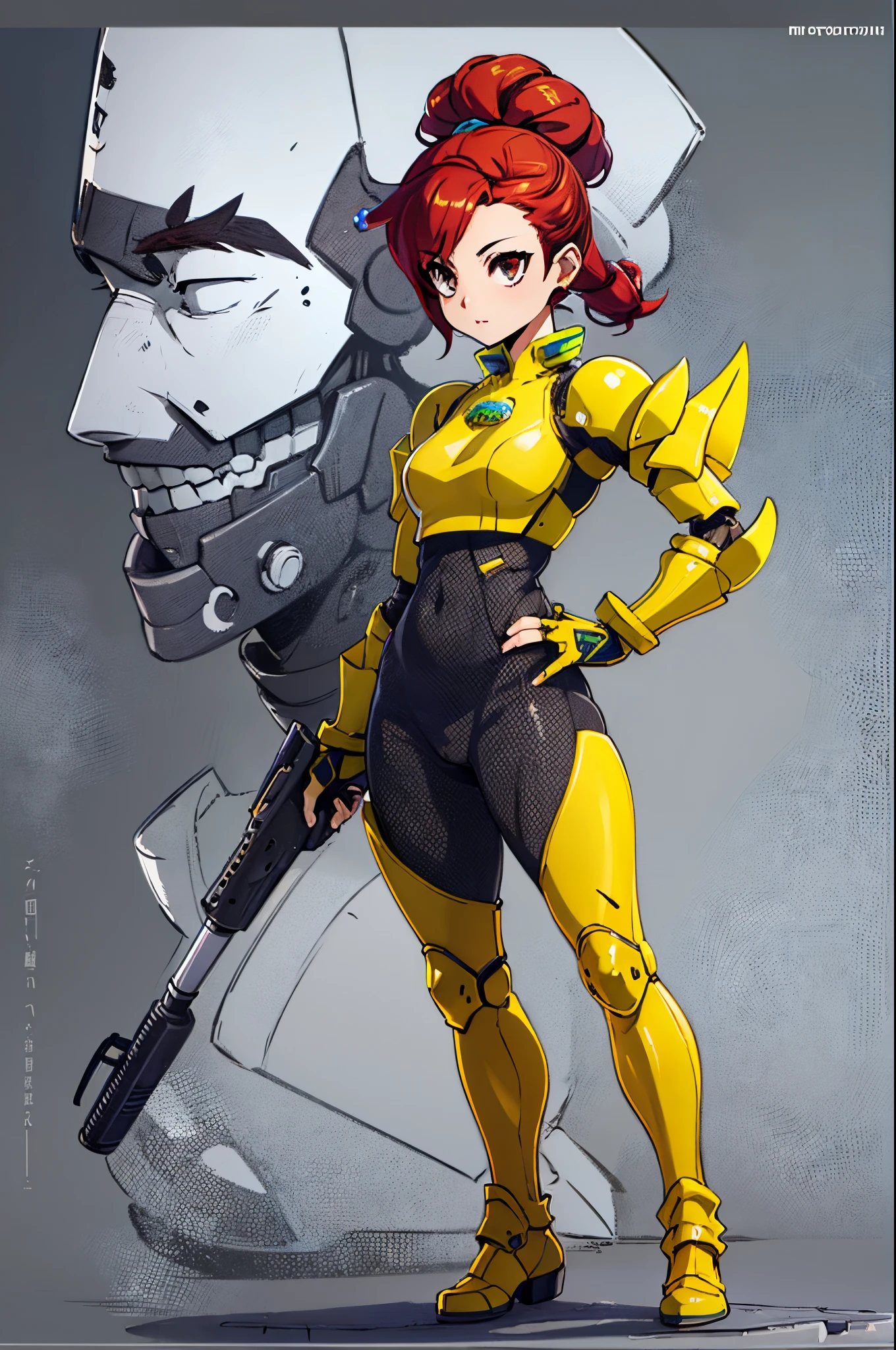 37 year old Asian woman,  Chinese eyes the color of honey chocolates, chocolate eye color,  Red hair, normal face,  small Asian eyes (LATIN woman BODY, WIDE HIPS:1.3),
((precise fingers, correct fingers, beautiful fingers)),futuristic armor on small chests, dynamic poses,equipment strap on the waist, gun on the hip, (bodysuit :1.2),
 (machanical armor gloves:1.3),female cybersuits,(mechanical armor leggins:1.2), mechanical, electricity, elaborate detail,armor in cyberpunk style,
 female cyborg.diverse cybersuitsbattle field, Full shot, plano integral fotografia, low angle camera