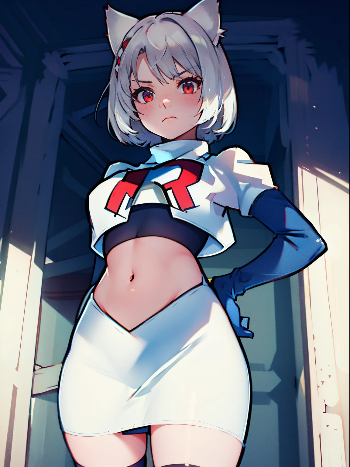 face of mio \(xenoblade\), 1girl,team rocket,team rocket uniform, red letter R, white skirt,white crop top,black thigh-highs,black elbow gloves, looking down on you , one hand on hip, cat ears, white hair