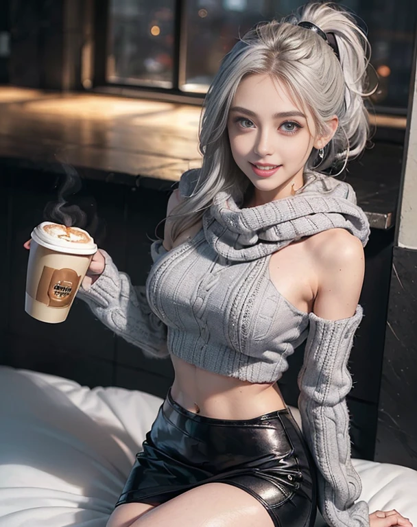 Masterpiece, 8K, photorealistic, ultra realistic, (1girl, solo),
_
the most beautiful, European ig idol, 24 years old, 170 cm, (((large breasts:1.2))), (((slender waist, toned thighs, toned arms):1.3)), ((small head, small face:1.2)), diamond Face, small nose, (small mouth), Sharp Faceline,
_
BREAK ((sitting)), (((Holding coffee with both hands, drinking hot coffee))), dynamic angle, from above, look at viewer, Focus face,
_
(black theme and White), Inorganic, Inorganic concrete studio with window, small window, gray concrete block, highly, blur, blur background, front lightning, Cinematic lighting,
_
BREAK ((big eyes, Double eyelid, tareme, droopy eyes):1.3), ((smile, small lips, teeth:1.3)), (mole under eye:1.2), (Perl White teeth), ((gray hair)), short hair, (ponytail), asymmetrical hair, Aqua eyes, light makeup, thin eyebrow, shiny skin, detailed skin, detailed face, perfect eyes, detailed eyes, shiny hair,
_
BREAK ((Quilted Puffer Coat with Faux Fur Hood, A knee-length quilted puffer coat in a neutral color like olive or navy, Faux fur-lined hood for added warmth and style, Wear with a chunky knit scarf and knee-high boots for a winter-ready outfit)), (hood), (silver earring, silver bracelet, silver necklace:1.2), raw photo,,
