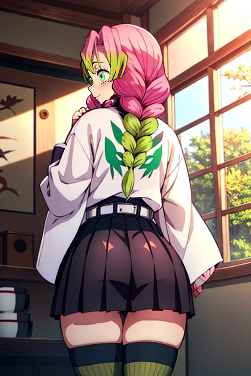 (extremely detailed fine touch:1.2), (natural light, sun light, light rays, dappled light, ray tracing:1.2), mature female , masterpiece, best quality, highly quality , TsbkMyjm-KJ , single braid, hair over shoulder , skirt, black skirt, pleated skirt, belt, white belt, long sleeves, jacket, white jacket, thighhighs, green thighhighs, open clothes, zettai ryouiki, haori, demon slayer uniform, japanese clothes, cleavage, (blush:1.2) , smile , indoors , house , cowboy shot , standing , kitchen , from behind , (from below:1.2) , (ass shot , big ass:1.2), mitsuri_dms, 1girl, solo, green eyes, mole, mole under eye, green hair, pink hair, ((black_special_pupil)),