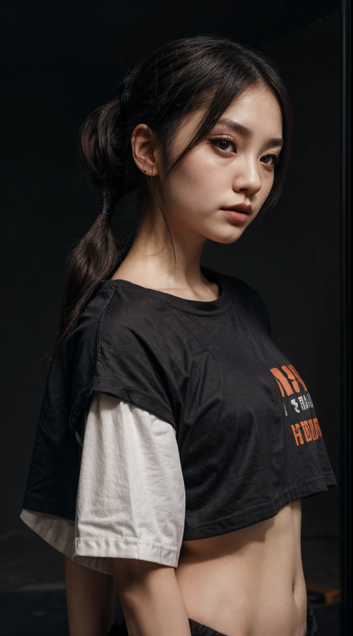 👭, korean girl, pale_skin, random color hair, double ponytails, black smoky eyes, black eyes liner, black lips, punk girl, oversized orange shirt, bottomless, random basic pose, against random epic background