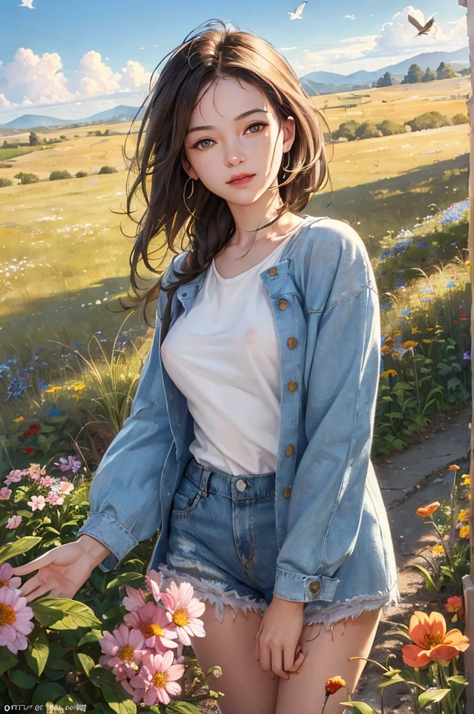 (masterpiece:1.5, best quality:1.5), (hyper realistic:1.5), (photo realistic:1.5), (real picture, intricate details), looking at viewer, (8k wallpaper:1.5) (from knee to head):1.15 ), (Facial Detail: 1.5), (Eye Detail: 1.5), (Sharp Photo), High Detail, Super Detail, Super High Resolution, (Strong Depth of Field: 1.5) Style- Cute and Playful Positioning- Open Scene Background-Blue Sky and White Clouds Main body - sexy girl topless, bright eyes, rosy cheeks Costume - pink sweater, denim overall, nipples hard - wild flowers and tall grass in the background, with butterflies and birds flying around Effect - warm sun shining on the girl, casting a soft glow. The warm sun shine on her, and wild flowers swayed gently in the breeze, godrays, shabby deep south, cinematic twilight, sunlit