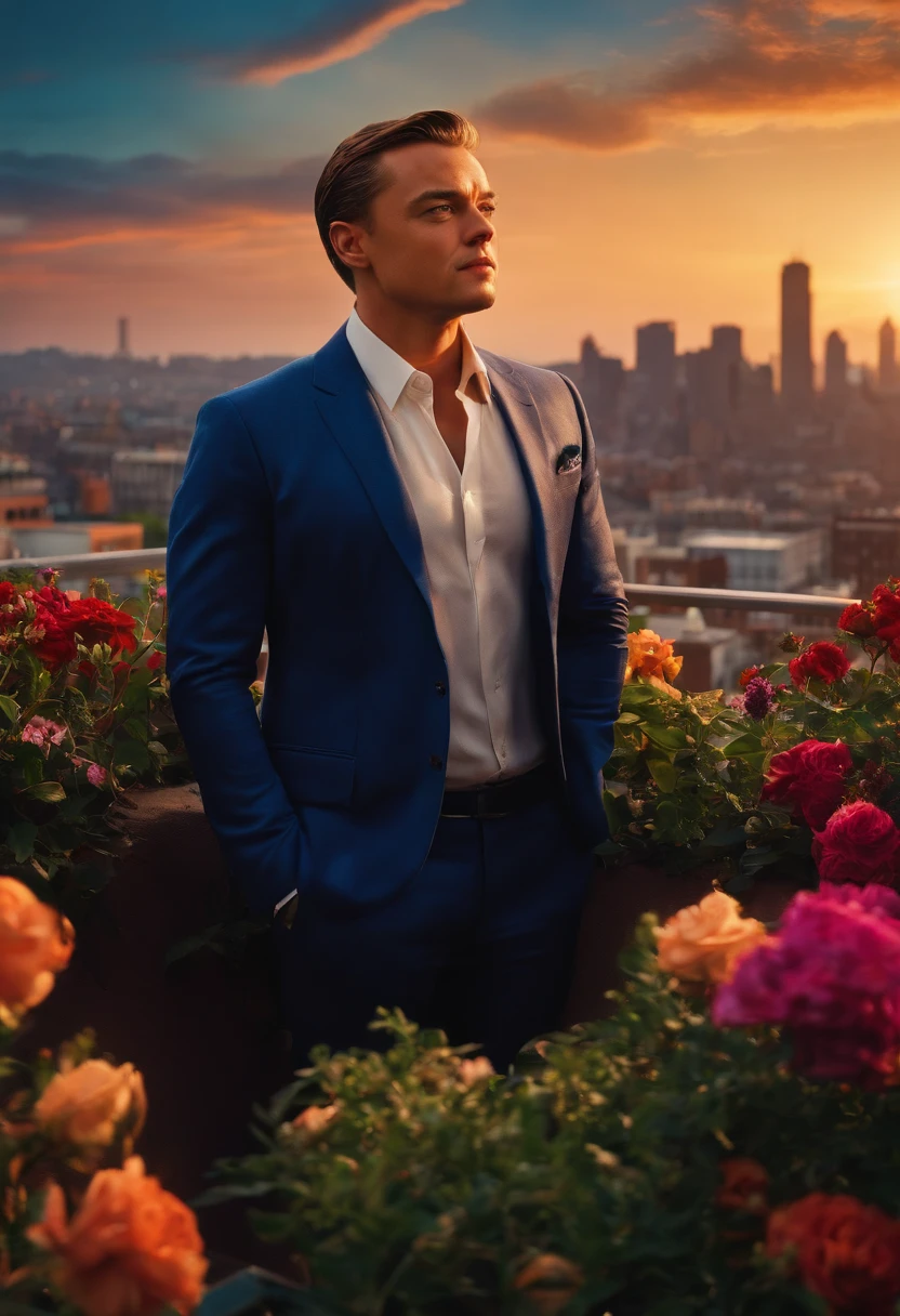 The image is of Di Caprio standing on a rooftop garden, surrounded by vibrant greenery and colorful flowers, admiring the sunset over the city skyline.,original,Very handsome young Leonardo Di Caprio