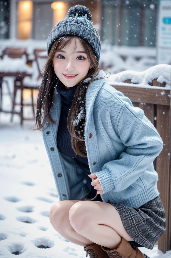 (masutepiece:1.3, Photorealsitic:1.4, 8K), top-quality, masterpiece, 超A high resolution, Perfect dynamic composition, Highly detailed skin and facial texture:1.3, A detailed eye, Detailed limbs, Winters, (snowflakes falling:1.2), Snowfall landscape at night:1.2, 1girl in, Cute sexy 24 year old slim woman, Fair skin, (Snow fell on my body and clothes:1.2), ((A smile:0.9, Totally captivates you:1.0)), (Thick short jacket over blue long sleeve mohair knit sweater:1.3, Tweed Mini Skirt:1.1), ((voluptuous breasts:1.05)), Short boots, (Facing the front, bend your knees and squat on the snow), (Beautiful blue eyes, Eyes that feel beautiful eros:0.85), Sexy face:0.4, (A mouthfeel that feels beautiful eros:0.85), ((Too cute beauty:0.9))