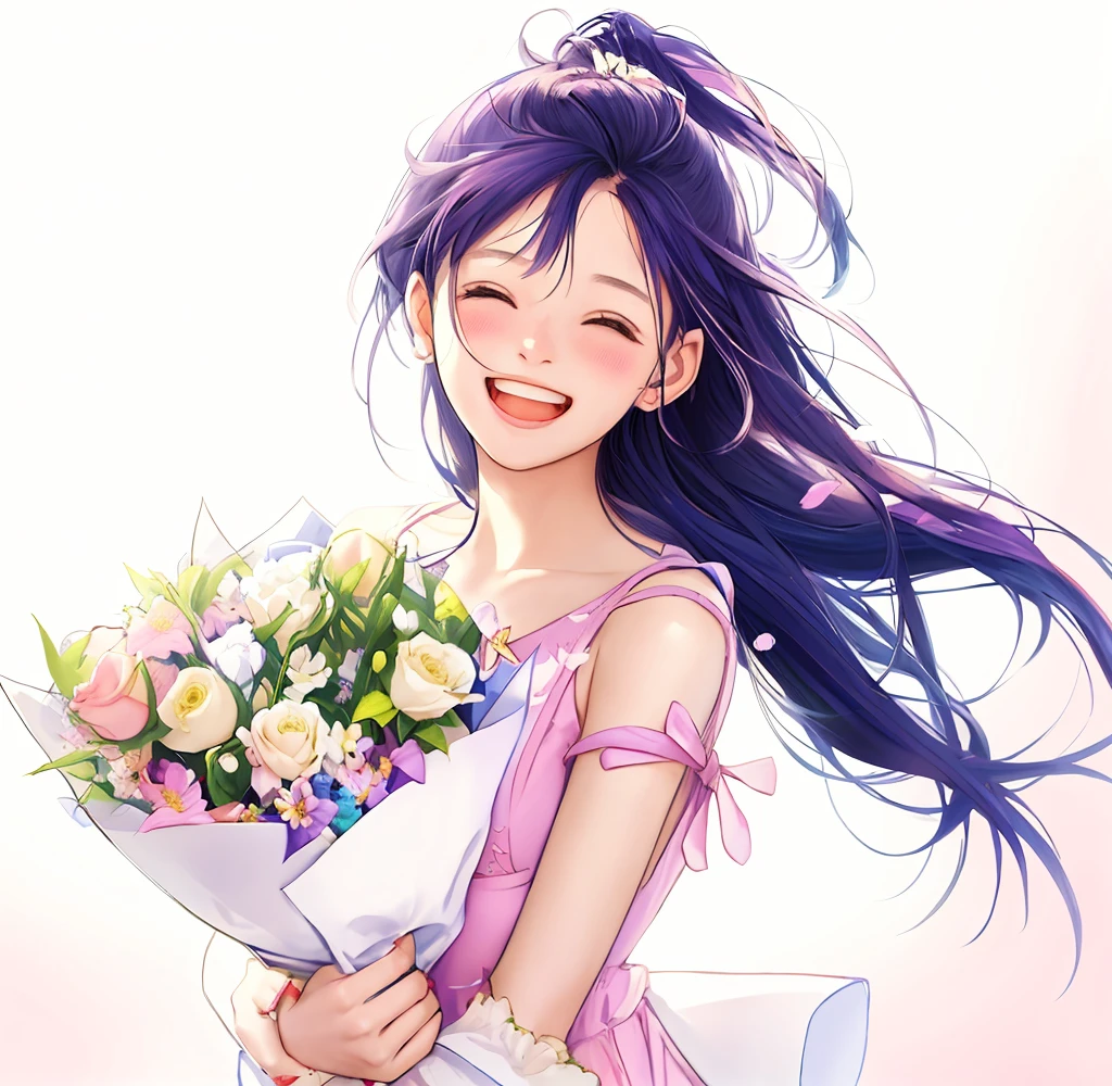 Anime girl with flowers in her hands,With a smile on his face, with flowers, she expressing joy, beautiful and smiling, laughing sweetly, Lovely smile, with a beautifull smile, Middle metaverse, by Yang J, Happy and cheerful look, and she smiling,Very happy, Guviz-style artwork,