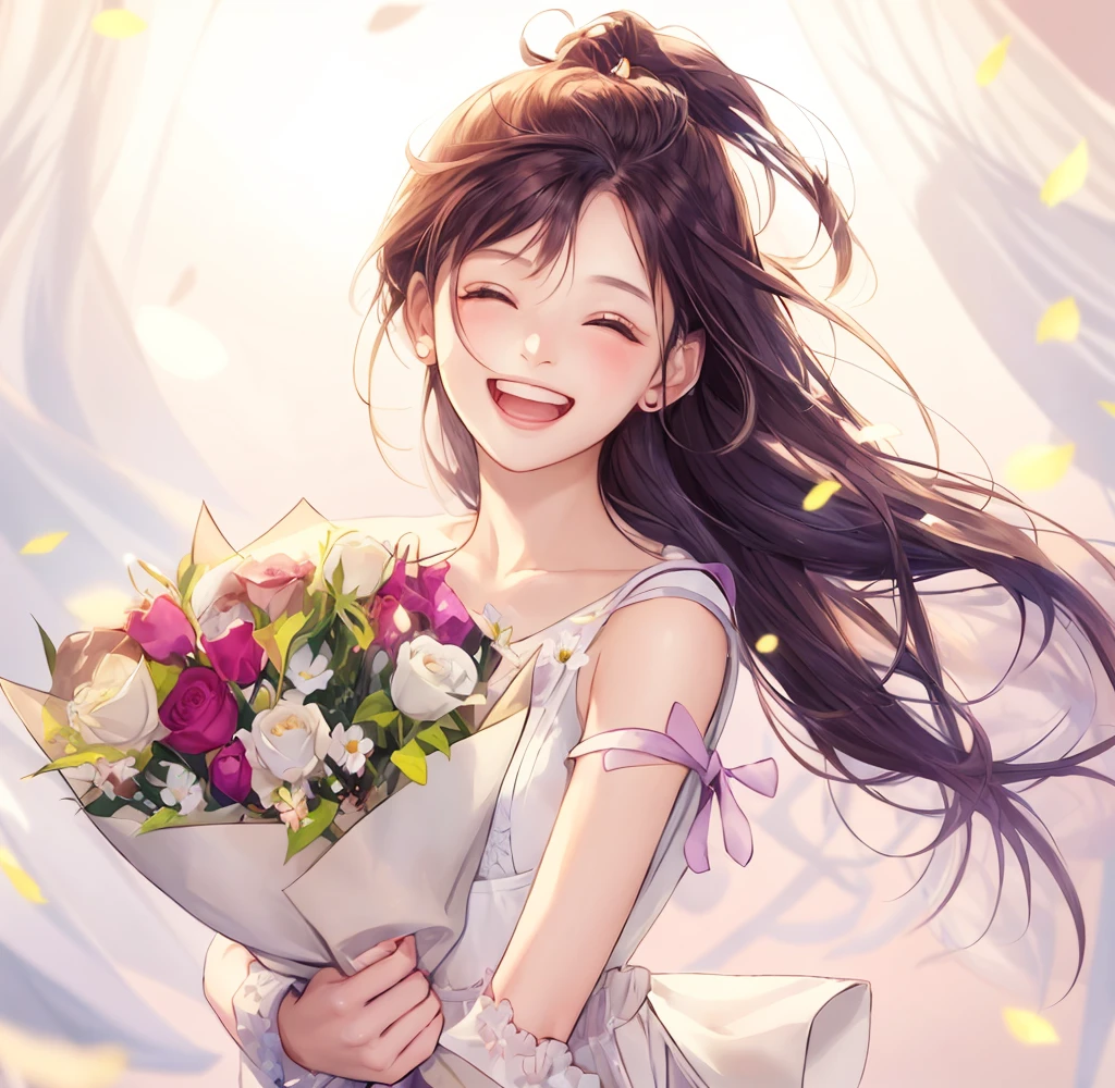 Anime girl with flowers in her hands,With a smile on his face, with flowers, she expressing joy, beautiful and smiling, laughing sweetly, Lovely smile, with a beautifull smile, Middle metaverse, by Yang J, Happy and cheerful look, and she smiling,Very happy, Guviz-style artwork,