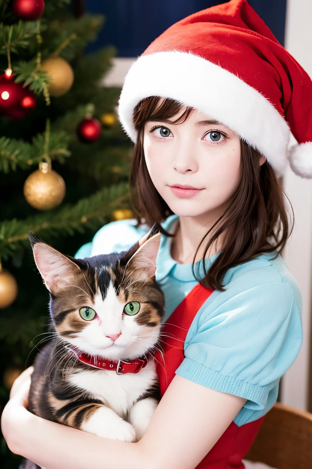 photoRealstic、Calico cat、Please draw a picture of a 5--old l holding a calico cat wearing a Christmas hat..、 Cute and quirky, Fantasy Art, Watercolor effect、There is a bell on the cat's collar.