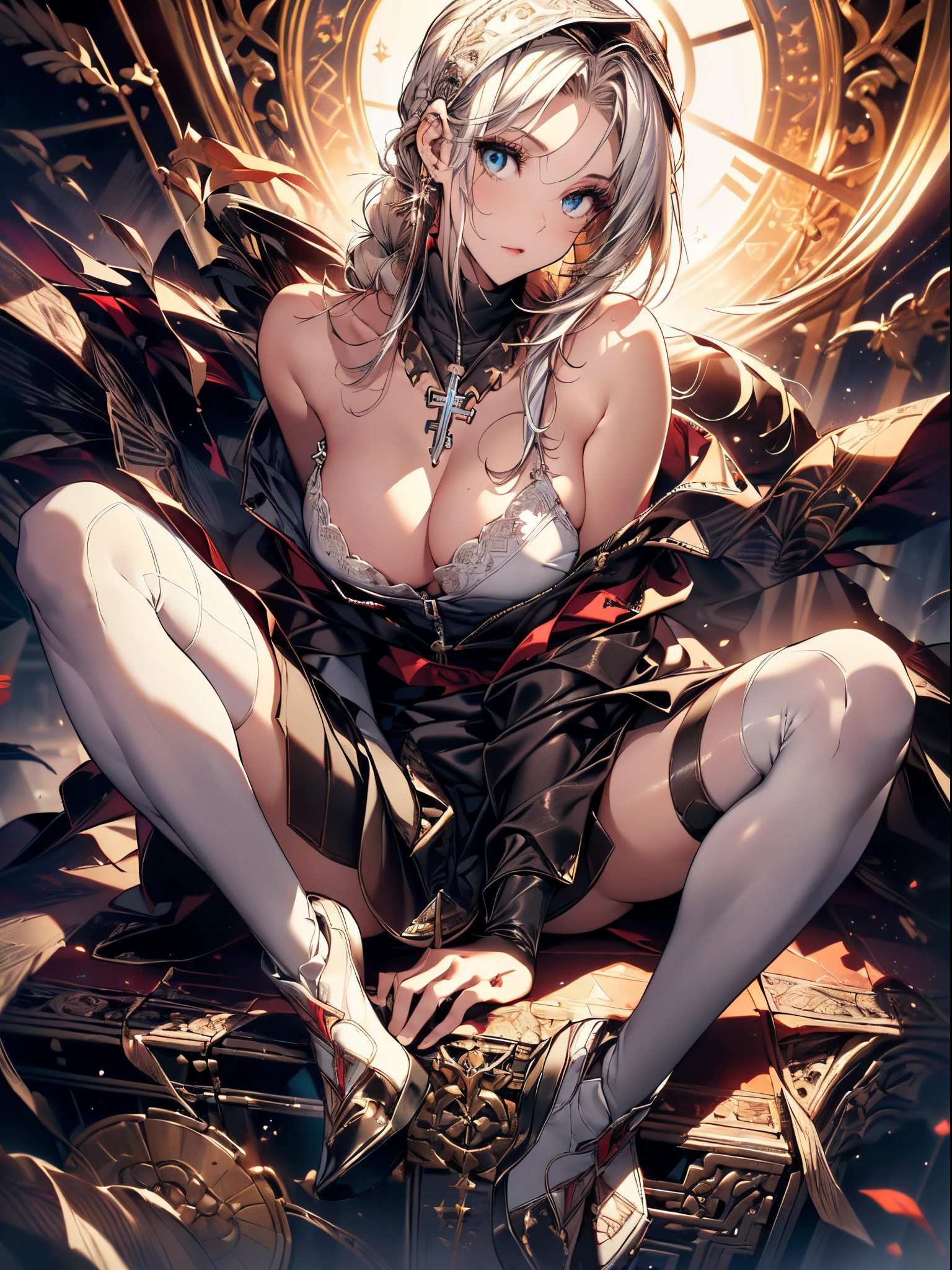 (Spiritual image:1.3), a matured woman with long black hair and a white outfit, (at a rock place in a desert:1.2), (meditating above magic circle written on ground:1.2, under starly sky:1.3, sitting Indian-styles:1.5, Yoga posing:1.1, with opening legs and rising knee:1.5, with cross-legged:1.5, rift and open your arms:1.3, in Arabic ancient ruins:1.3), (floating Bible:1.2), Arabic, (Post apocalyptic:0.2), from arknights, artwork in the style of guweiz, bodyesbian, fine details. girls frontline, beautiful anime illustration, from girls frontline, by Yang J, stunning, 28 years old, (milf:1.3), (solo:1.5), (sfw:1.25), (sagging breast, fuge breasts, big tits, thin waist, big ass:1.2), Raised sexy, (dark mahogany medium short hair, updo, hair over one eye, asymmetric hair, Carly hair, low tied braids),(musulman, white Headscarfs, hair bands, head vandage, Turban), (ultra high resolution, 8K RAW photo, photo realistics, thin outline:1.3, clear focus), best qualtiy, cinematic lighting, textile shading, blurry back ground, field depth, bokeh, (Bright pupils, fine detailed beautiful eyes with highlight:1.3, high detailed face), Red lip, fine realistic skins:1.1, looking up viewers:1.3, (dynamic angle:1.3, front view:1.1, tight focus:1.3, from above:1.2), (dynamic posing:1.5, sexy posing:1.2, leaning forward), ((open your mouth:1.3)), (seductive smiling:1.2), centered image, (wearing white long jacket and clothes, wearing white robes:1.3, ((bare breast:1.37)), platinum ornaments, rolling white clothes around waist, dark brown long leather boots:1.3, translucent lace pantyhose), (((correct anatomy:1.5, perfect anatomy:1.37))), ((outdoor:1.2, in a night:1.3)),