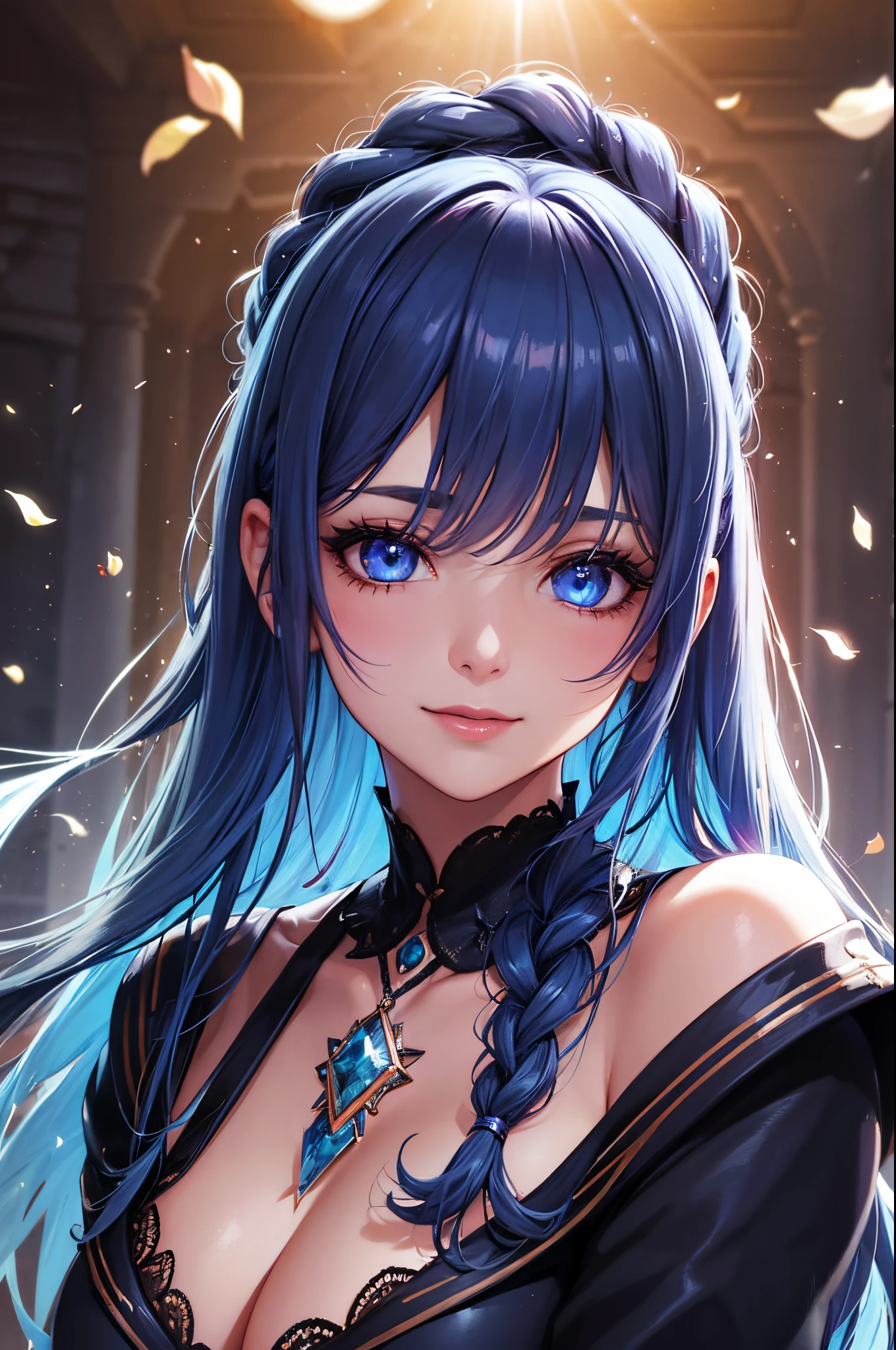 beautiful woman, rose&#39;s garden, breeze,
sweater, ripped jeans, jewelry, falling petals,
long hair, french braided hair, shiny skin, orange lips, make up,
sparkling eyes, big eyes, beautiful purple eyelashes, Symmetrical face, blushing, smiling, 
cowboy shot, 
vibrant colors, masterpiece, best quality, cinema lighting, high-quality ray tracing, detailed shadow, sharp focus, depth on field, lens flare, light particles,
dark blue hair, deep blue eyes.