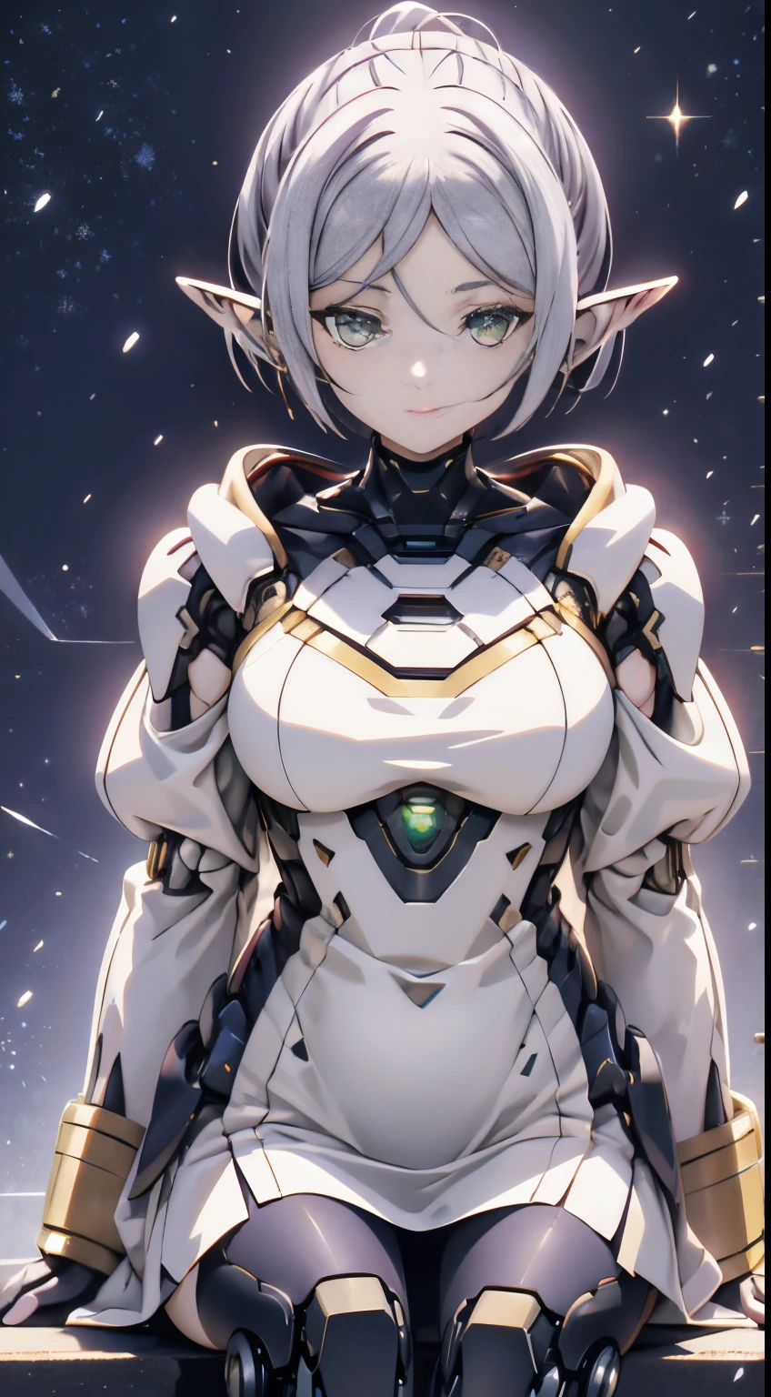 (tmasterpiece,Best quality at best),(Gamine),mini-skirts,white color mecha,high-tech equipment,(A brunette one,medium bob),embarrassed from,exquisite body,With a petite figure,Best shoulder quality, tmasterpiece, 1 plump girl, (Alone:1.1), Ray traching, ultra - detailed,Detailed faces, 8k wallpaper, Wide hips, Takashi Furi NDV, 1 plump girl, White hair, dual horsetail, Green-eyed, mediuml breasts, Long gray hair, pointy ears, fairies, Parted bangs, White shawl, White dress, obi strip, longer sleeves, External, sitted, hooded, 围巾, Yuki, Winters