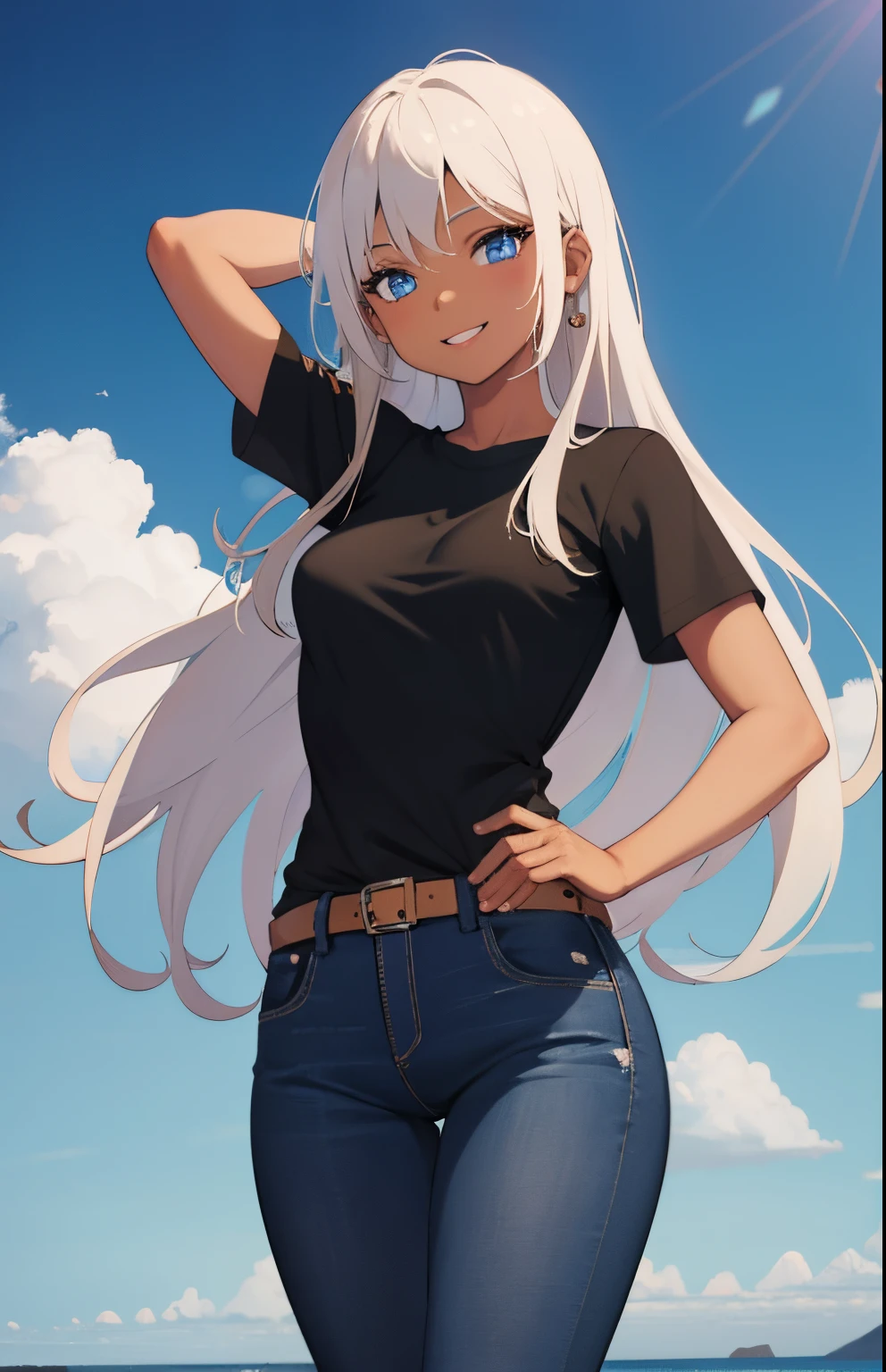 1 girl, solo, (masterpiece), (((brown skin))), (18 year old appearance), blue eyes, long white hair, small breasts, Black shirt, jeans, smile, Waving