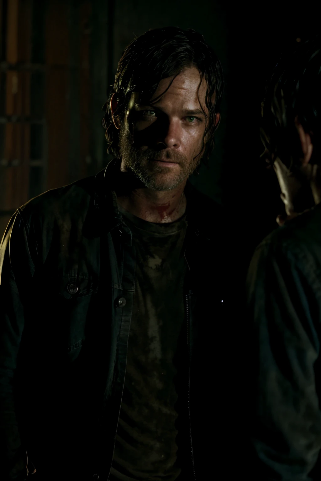 A striking RAW photo of zombie Daryl Dixon, the iconic character from The Walking Dead, standing amidst a dense, photo-realistic forest. The background features a vast, immersive scene reminiscent of a post-apocalyptic world. (masterpiece, best quality:1.2), ((RAW photo, Best quality)), (Realistic, photo-realistic:1.2) a evil zombie, blood, hottinig, ((horror, creepy)) , night, ((White eyes)). angry. ((( Exposed brain))), ((Pale or Grey skin)), wounds, empty eyes, torn clothes, slow movements, guttural noises, aggressive and cannibalistic behavior. Cinematic lighting.