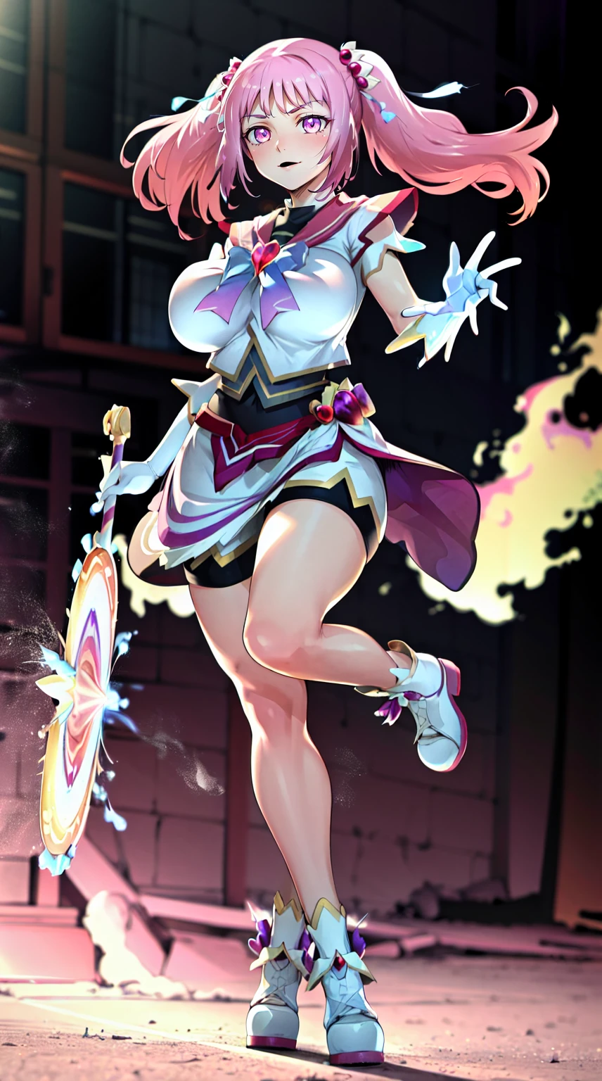 multiple girls, giantess art, highly detailed giantess shots, giantess, most detailed, perfect face, Two legs, Five fingers, A beautiful girl who is bigger than a skyscraper, Wearing rimless glasses, smile, huge breasts, blue base magical girl dress, bow, magical girl, holding a magical wand, black pantyhose, blue stiletto heels, thunderbolt from a magical wand, Destroying cities, Under heavy attack, A very small big city, Miniature metropolis, Full body description, GTS, giga giantess, stomping city, crash city, tiny city, micro city, pantyhose feet, High resolution, highest quality, masterpiece,