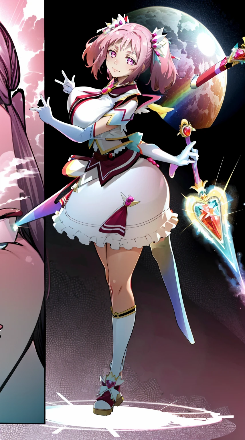 masterpiece, best quality, indoors, mamikafairy, 1girl, solo, looking at viewer,, hand arms full body,boots, standing,cute,breast, curvy, female,fantasy goddess,there is a cartoon picture of a woman with a very large breast, glowing divine being, glowing holy aura, inspired by Luma Rouge, the non-binary deity of spring, ethereal rainbow nimbus, the butterfly goddess of fire, inspired by Mariel, glowing aura around her, astral wind, as the goddess of the saturn, “uwu the prismatic person, big breast, serious, beautiful eyes, , full body, , long robe, long dress, ,priestess ,holy, smile, god rays, ray tracing, sparkle, cinematic lighting, UHD, retina, masterpiece, ccurate, anatomically correct, textured skin, super detail, high details, high quality, award winning, best quality, highres, 1080P, HD, 4K, thunder aura, light aura,full, snak staff,closed mouth, huge breast, curvy, bimbo, standing, heroic, pose, background ruin of a misterios city,UHD, retina, masterpiece, ccurate, anatomically correct, textured skin, super detail, high details, high quality, award winning, best quality, highres, 1080P, HD, 4K, sun aura