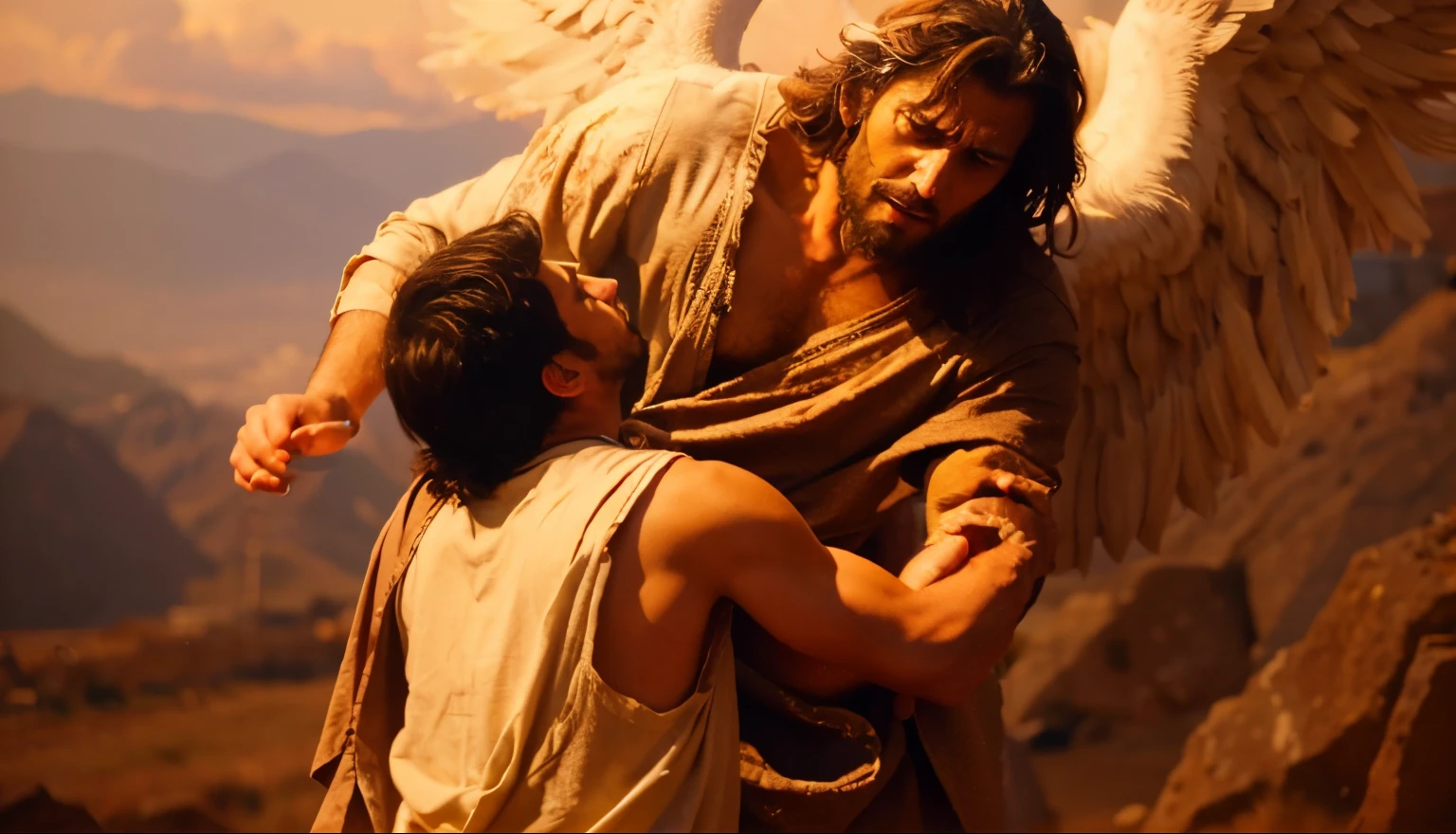 a painting of a man being hugged by an angel, in screenshot from the 300 movie, jesus christ fighting lucifer, youtube thumbnail, holy man looking at ground, stock image, extreme foreshortening, by Sheikh Hamdullah, he is angry, dressed like jesus christ, the artist has used bright, vfx, 2 0 1 9, hd —h 1024