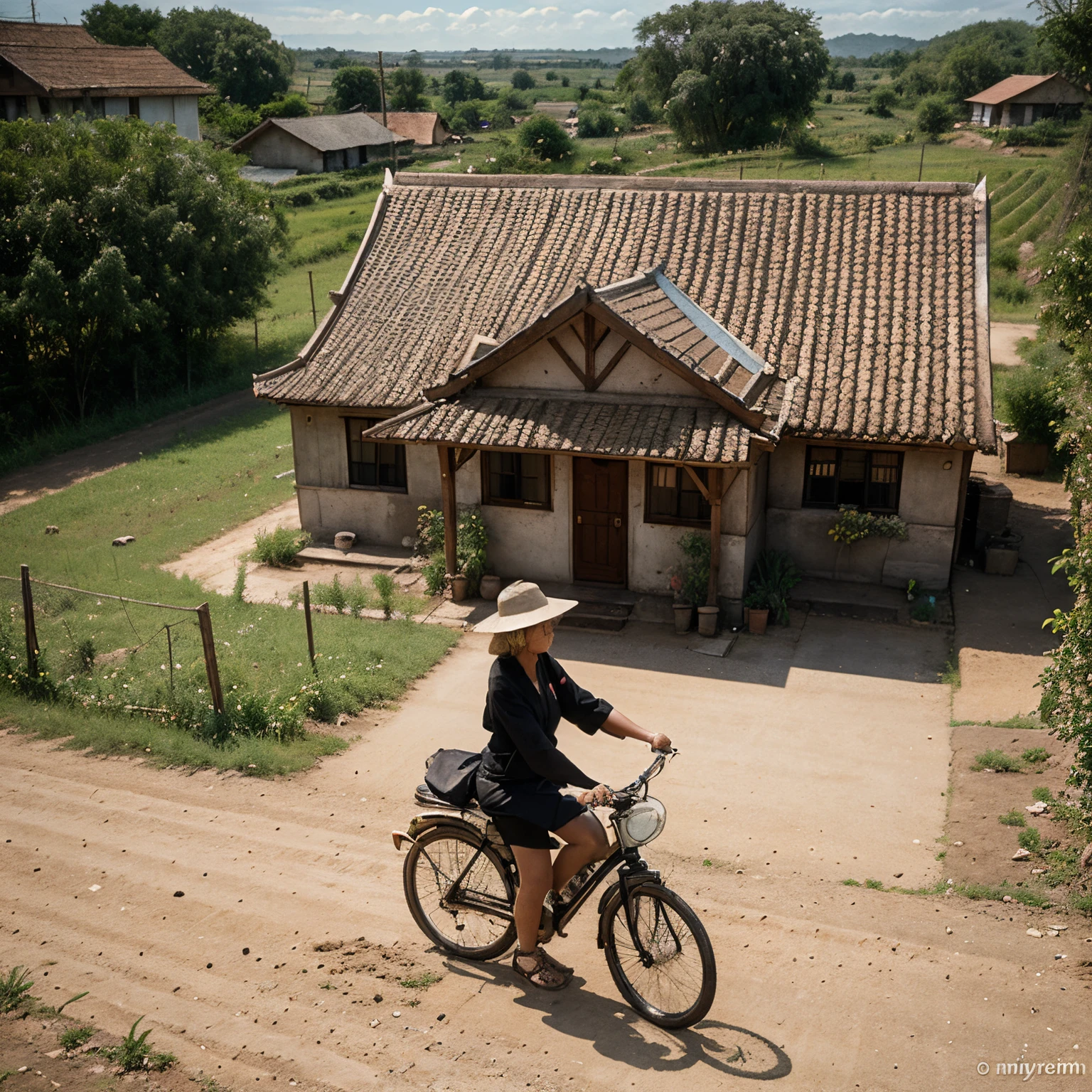 John Lowery thailand in summer season 1980's,countryside, 16.00 PM time,bird's eye view, landscape,small house in the distance, breeze,old woman rides a bicycle with a on the back dirt road, cloud, anime style 2D 90's