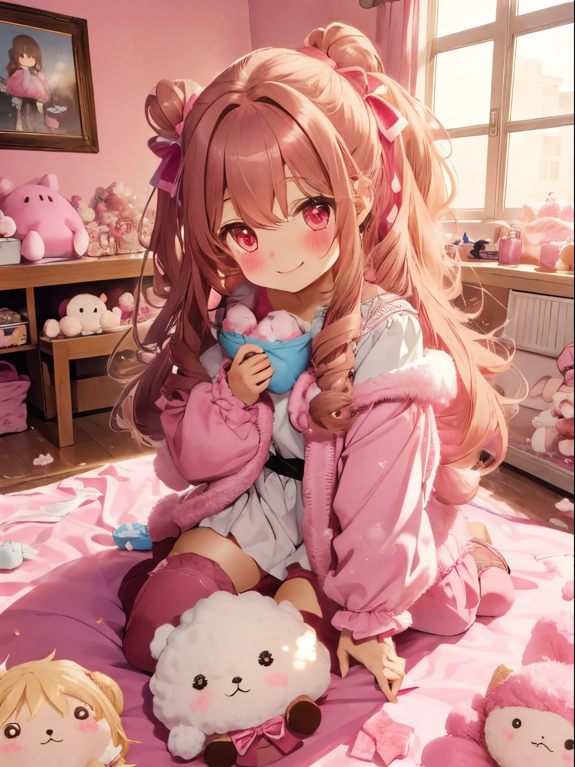 A room with lots of pink fluffy things,fluffy voluminous hair,lightbrown hair,hair band with big ribbon,fluffy and warm clothes,winter clothes with loose sleeves,Slight red tide,Smiling kindly,There are lots of cute stuffed animals, toys, and sweets scattered around.