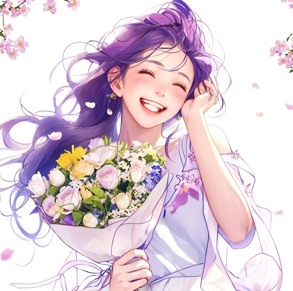 Anime girl holding flowers in her hand，With a smile on his face, With flowers, Guviz, she expressing joy, beautiful and smiling, laughing sweetly, Lovely smile, with a beautiful smile, Middle metaverse, by Yang J, happy and spirited expression, and she smiling，Very happy, Guviz-style artwork、white blossoms、robe blanche