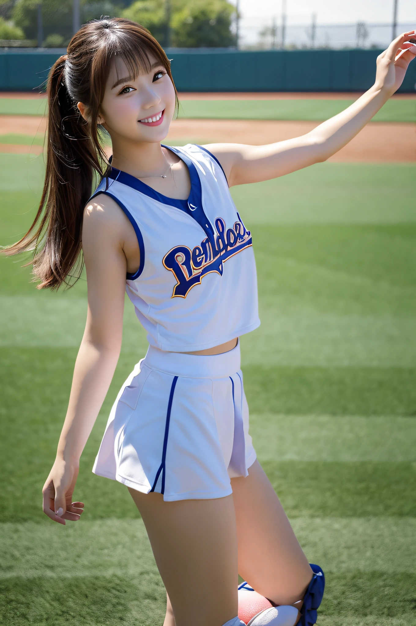 Super beautiful girl、ultra cute girl、cheer girl、Small、baseball field、The center of attention、Slender body、A smile、I don't wear underwear, nffsw, retinas, Anatomically correct, Best Quality, 4K
