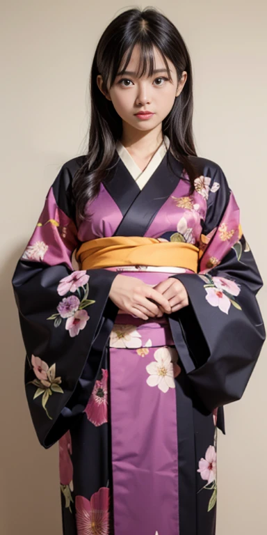 (masutepiece, Best Quality:1.4), Beautiful face, 8K, 85 mm, absurderes, ((FULL BODYSHOT:1.3))、((Dark bedroom in the hotel))、(Floral pattern long-sleeved kimono:1.4), cowboy shot、violaceaess, gardeniass, Delicate girl, Solo, Long bob hair、Night, Looking at Viewer, Upper body, Film grain, chromatic abberation, Sharp Focus, face lights, Professional Lighting, Sophisticated, (Smile:0.4), (Simple background, Bokeh background:1.2), Detail Face