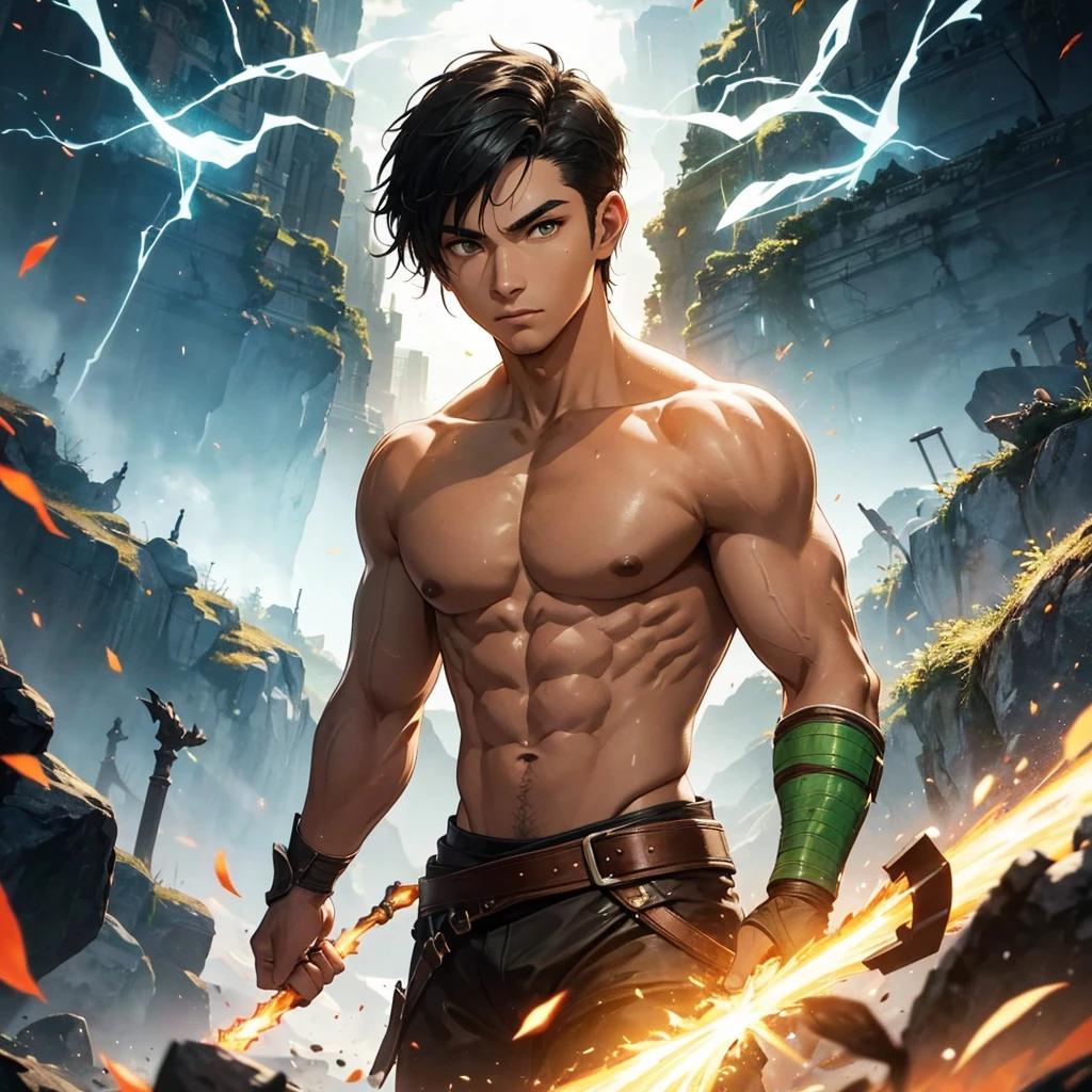 filho goku, 1boy, zangado, FULL HD 8K,dano de batalha, cabelo loiro grandes, faixa azul, dentes cerrados, furioso, olhos verdes, foco masculino, muscular, masculino musculoso, peitorais, faixa, solo, cabelo cravado, super saiyajin, super saiyajin 3, dentes, topless masculino, roupas rasgadas, pulseira, dinamic angle ((obra-prima)) renderização 3dMM_v12,ArtStation neon azul