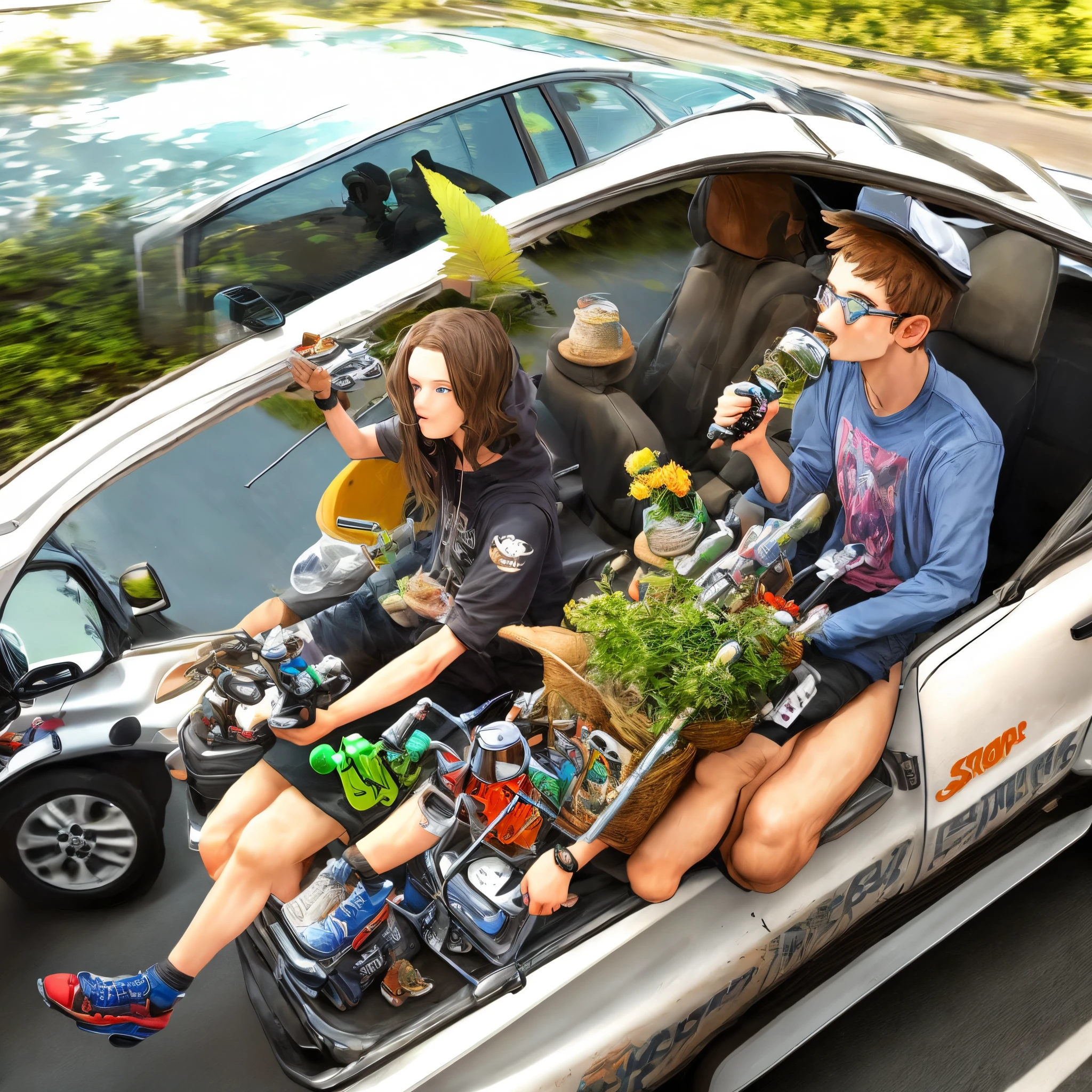 Stoner wizards driving down the highway on tiny trucks with bongs between their legs