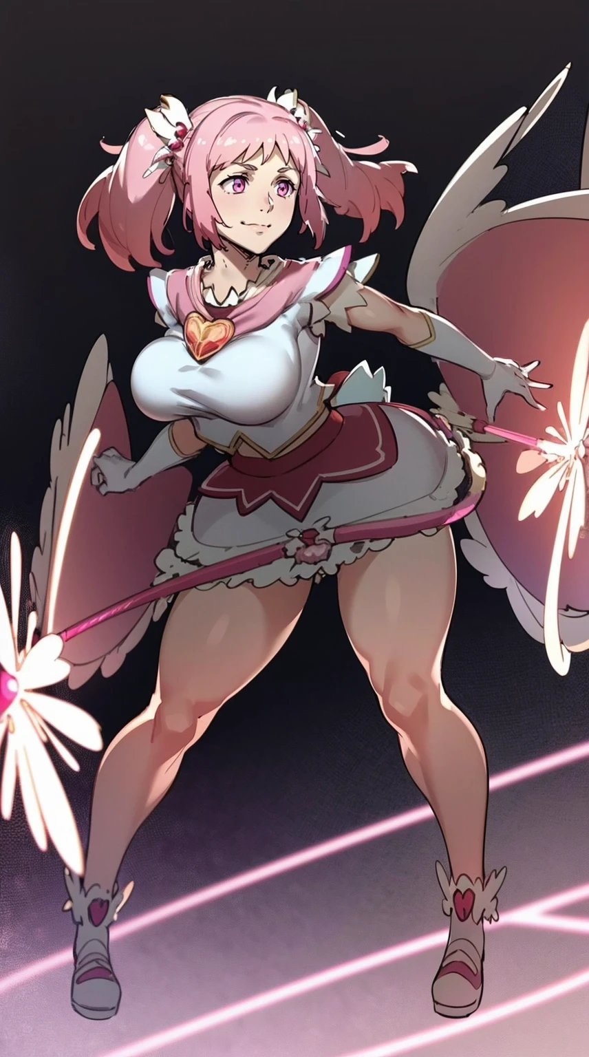 masterpiece, best quality, highly detailed, 8k, (pure grey background:1.2), anime, (2D:1.1), (1girl:1.2), 30-year-old queen, (athletic body:1.2), abs, (muscular:1.2), beautiful face, shining eyes, long legs, pink short hair, big breasts, wearing pink stockings, wearing pink long boots with high heels, slender waist, tight butts, cool, opening mouth, korean idol, (full-body image:1.2), (showing off her body:1.2)