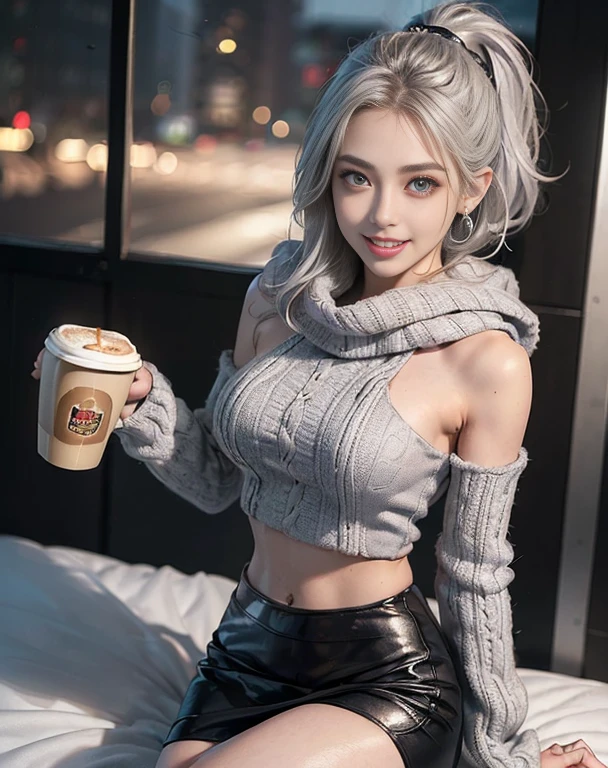 Masterpiece, 8K, photorealistic, ultra realistic, (1girl, solo),
_
the most beautiful, European ig idol, 24 years old, 170 cm, (((large breasts:1.2))), (((slender waist, toned thighs, toned arms):1.3)), ((small head, small face:1.2)), diamond Face, small nose, (small mouth), Sharp Faceline,
_
BREAK ((sitting)), (((Holding coffee with both hands, drinking hot coffee))), dynamic angle, from above, look at viewer, Focus face,
_
(black theme and White), Inorganic, Inorganic concrete studio with window, small window, gray concrete block, highly, blur, blur background, front lightning, Cinematic lighting,
_
BREAK ((big eyes, Double eyelid, tareme, droopy eyes):1.3), ((smile, small lips, teeth:1.3)), (mole under eye:1.2), (Perl White teeth), ((gray hair)), short hair, (ponytail), asymmetrical hair, Aqua eyes, light makeup, thin eyebrow, shiny skin, detailed skin, detailed face, perfect eyes, (detailed eyes:1.3), shiny hair,
_
BREAK ((Quilted Puffer Coat with Faux Fur Hood, A knee-length quilted puffer coat in a neutral color like olive or navy, Faux fur-lined hood for added warmth and style, Wear with a chunky knit scarf and knee-high boots for a winter-ready outfit)), (hood), (silver earring, silver bracelet, silver necklace:1.2), raw photo,,