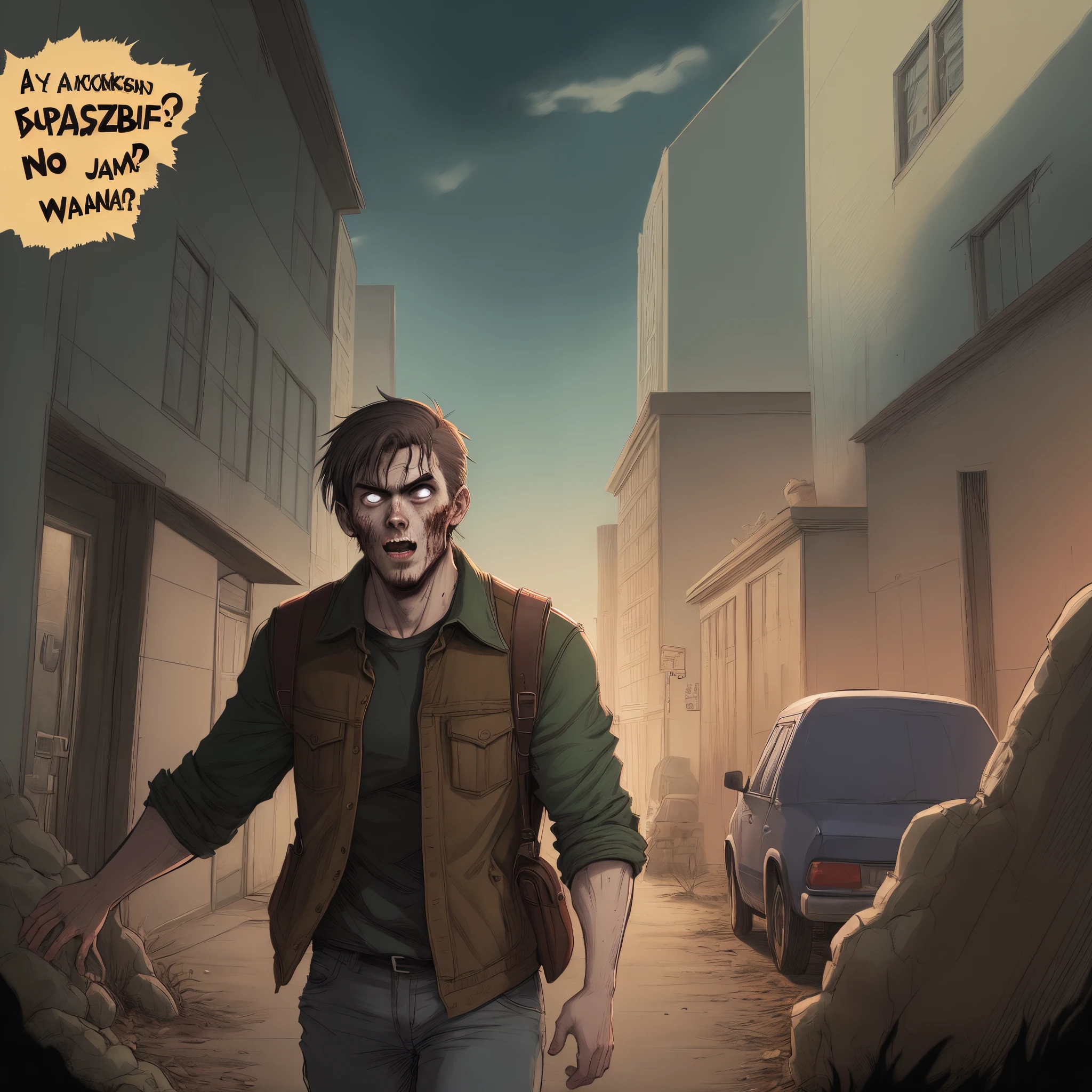 "In a highly detailed and realistic apocalyptic scene, A young man of 20 years, with an expression of astonishment and anguish, walks through a devastated park while holding a cat in his arms. The sky is full of falling cylindrical asteroids, and the environment reflects the chaos of a world in ruins. Around it, People have turned into brain-hungry zombies, highlighting their desperation and aggressiveness. The image must capture deep emotion and realism, highlighting the contrast between the young man's tranquility and the terror that surrounds him."
Please make the zombies appear behind the boy chasing him.