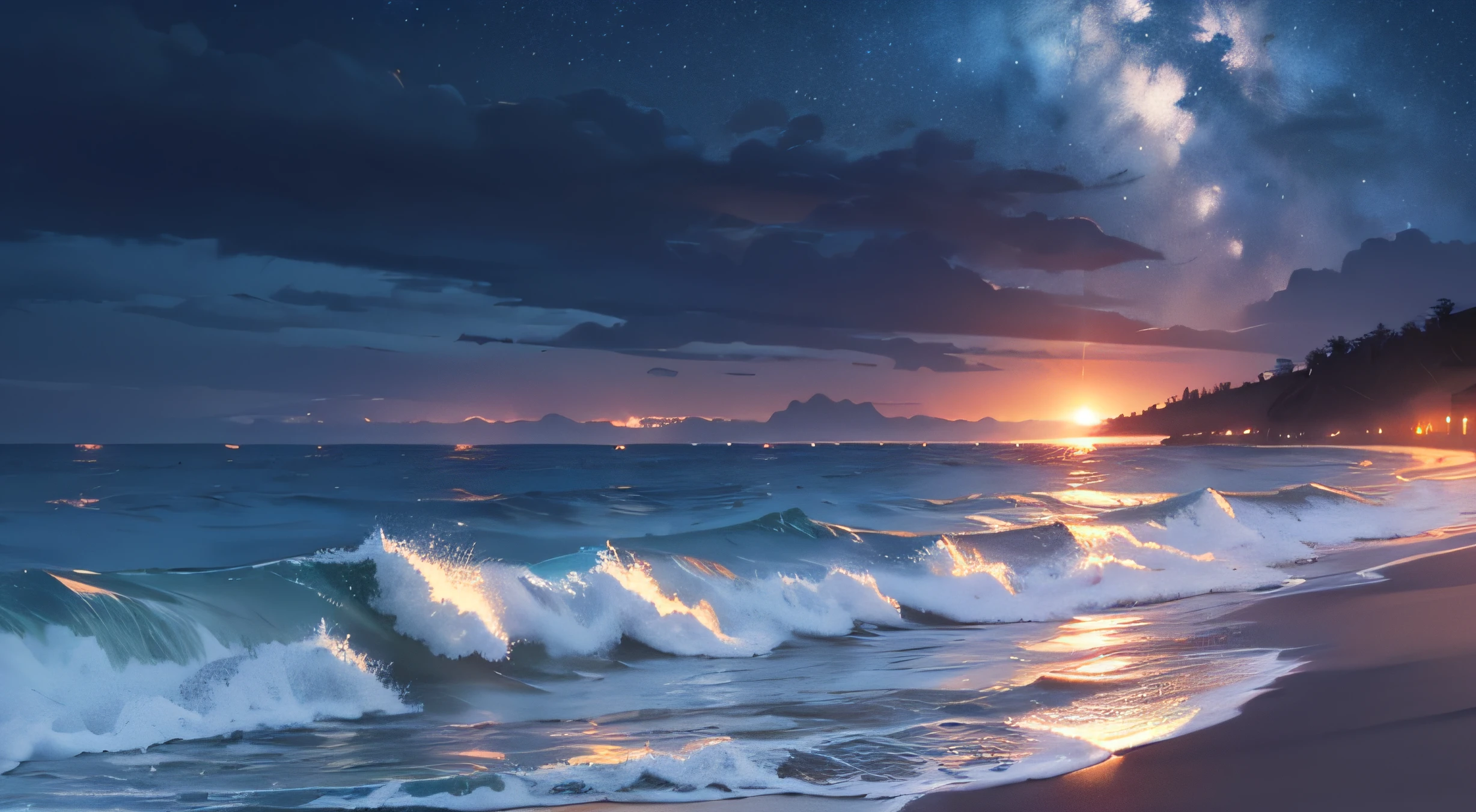 A background photo, escuro, de noite, mar, lua refletindo no mar, 4k, HQ, super detalhado, horizonte