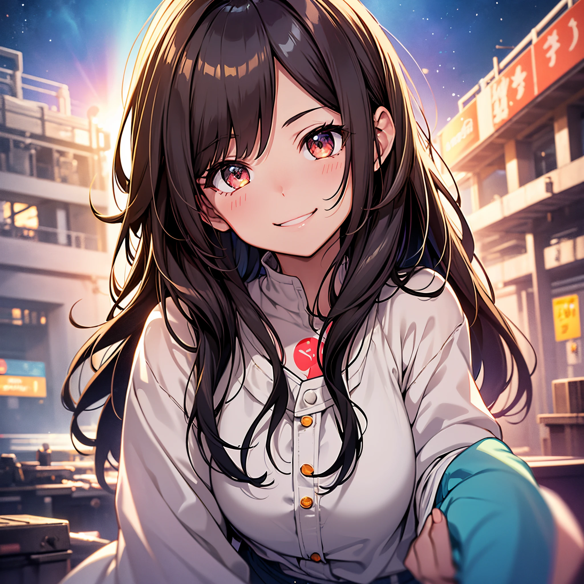 one girls(A dark-haired、Brown eye、a short bob、Enlarged depiction of the upper body、masutepiece、超A high resolution、No background, thin、Smile and signal、Smile with your mouth wide open、Cute smile、Detailed limb depiction、)
、white cute clothes、
Neon color background、
beautiful night scene、
cosmic background、Genki Musume、beautiful rainbow background、Guts Pose、