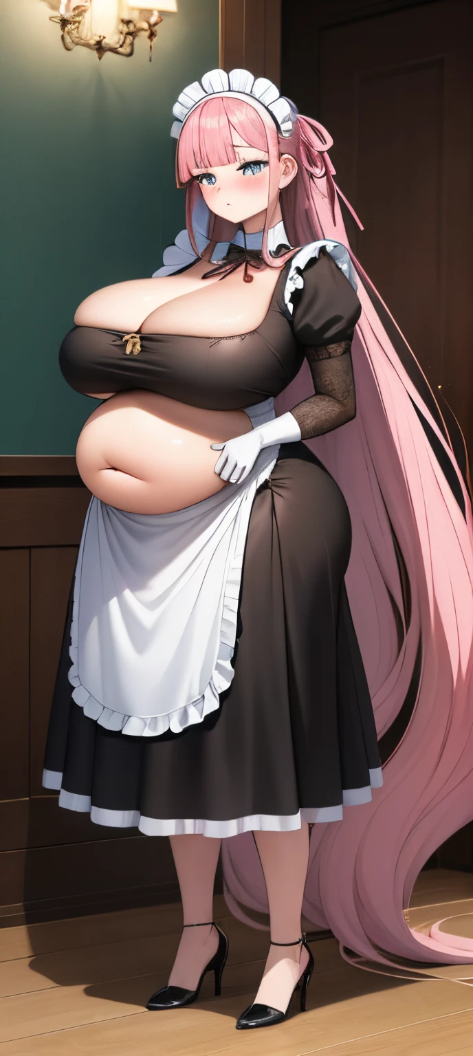 realistic, 1girl, pink hair, very long hair, wear bride veil, straight hair, blunt bangs, (beautiful eyes), blush, ((((white maid dress, fully clothed)))), ((big breast)), maid headband, white hand gloves, high heels, ribbon, night, indoor, staring at viewer, lipstick, closed mouth, bare foot, sfw, very big breast, [big belly], covered belly, thicc girl, standing, fat girl, obese girl