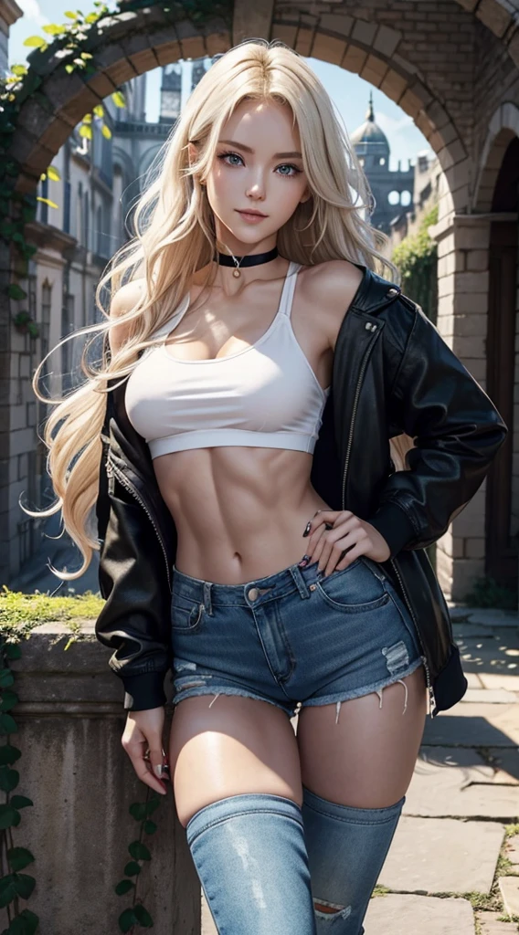 A 23-year-old white woman with unparalleled beauty.、blue eyess、platinum-blonde、White skin、hair is wavy、Longhaire、The ends of the hair are curled upwards、The ivy-covered ruins are standing in front of the arch gate with both hands on their hips.、a smile、View from the front、wearing black tanktop、wearing a black choker、I&#39;m wearing hot pants made of jeans fabric with tight distressing.、The navel is out、My abs are cracked、Slender yet well-proportioned body with muscle mass comparable to that of a bodybuilder、sunlight is shining from above、Photorealistic images、8K picture quality、I&#39;m punching my chest、I don&#39;t want my head to disappear from the screen.、The color of the jacket is random、I&#39;m wrapping my jacket around my waist、I'm pulling my hair up、Wearing accessories on your wrist、Only one leg is wearing thigh-high orange stockings.、wearing red nail polish、low position camera angle