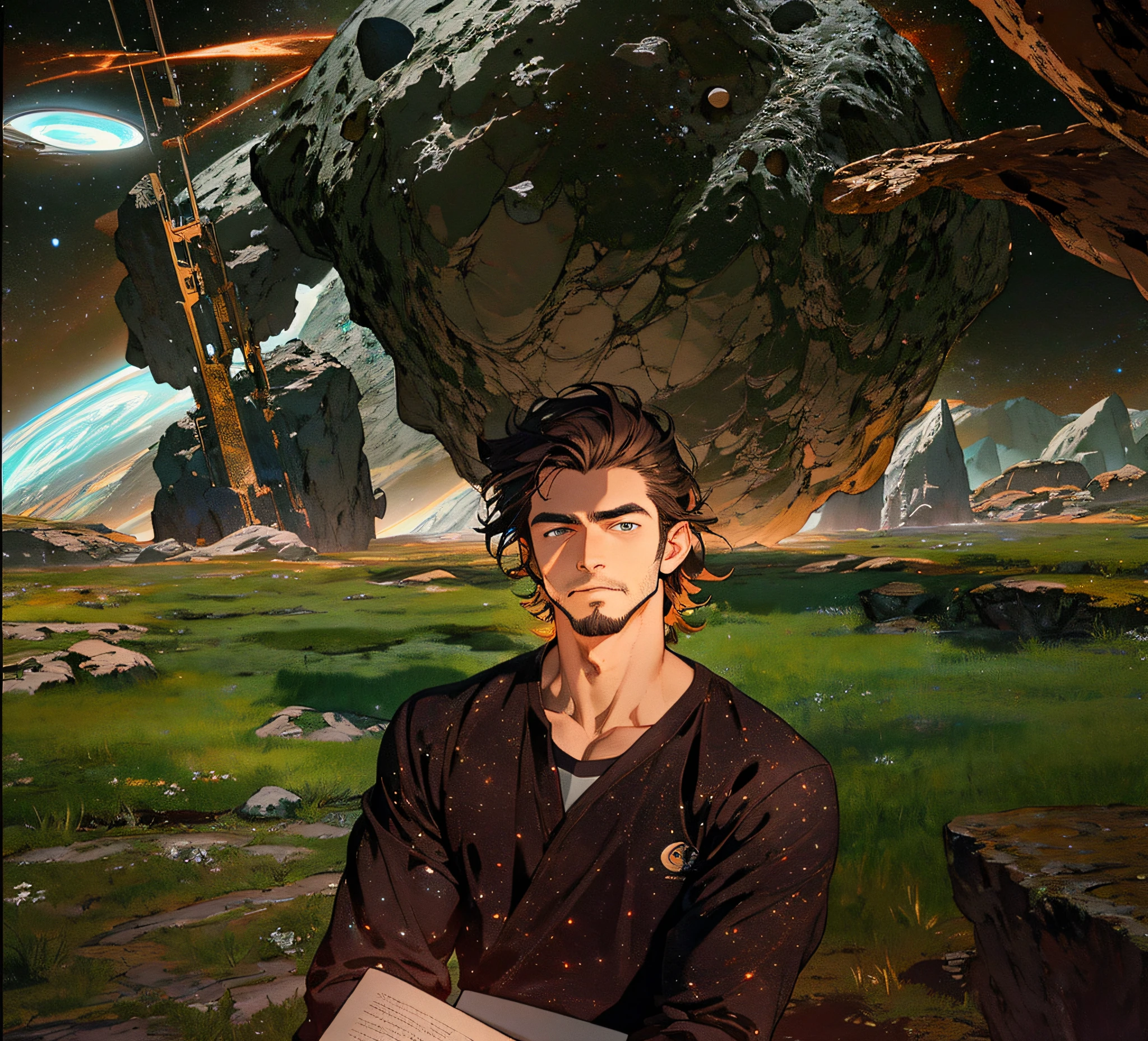 Draw a young programmer, sitting on a research platform floating in the middle of an asteroid belt. He is studying with a notebook, surrounded by several asteroids glowing with fiery auras. Dramatic lighting from distant stars and planets illuminates the scene, casting deep shadows on the suit. The young man looks confident and determined, looking at the vast and mysterious universe with wonder and respect,facial hair, cowboy shot,