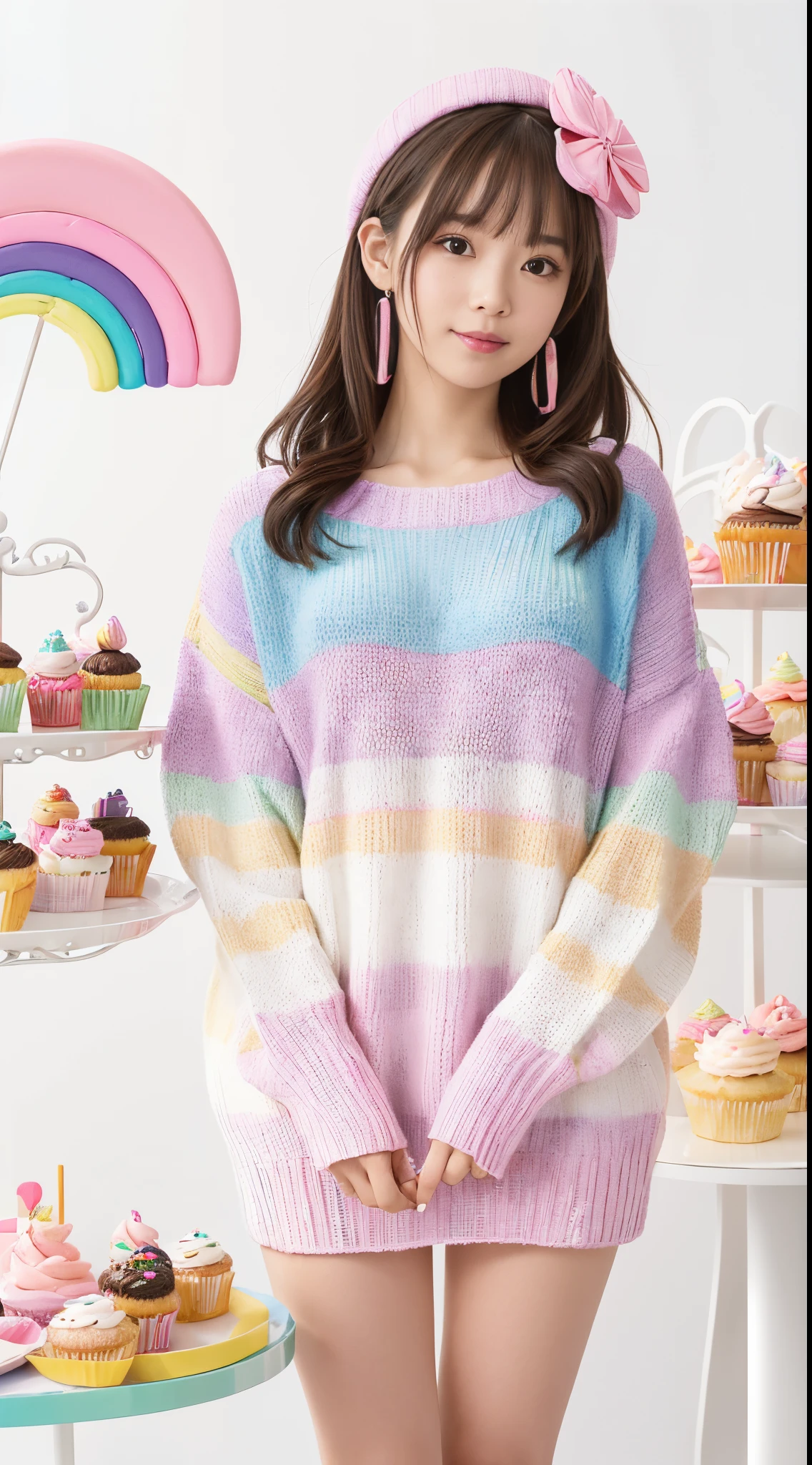 (masutepiece:1.2), (best quarity:1.2), (ultra-detailliert:1.2), Official art, Illustration, 1girl in,Happy, Solo, Full body, (Stand on the mini base:1.1025), (White background, Simple background:1.5), floating, a cake, macaroons, donut, Flutes and toys, tea set, (maximalism:0.9), pastel color, (spark of light:1.1), Cute , ((Sweaters/Rainbow pastel colored knit clothes)), (Have a lollipop), ((Cupcakes bigger than the character)), Girl on a plate ,Eyelashes,