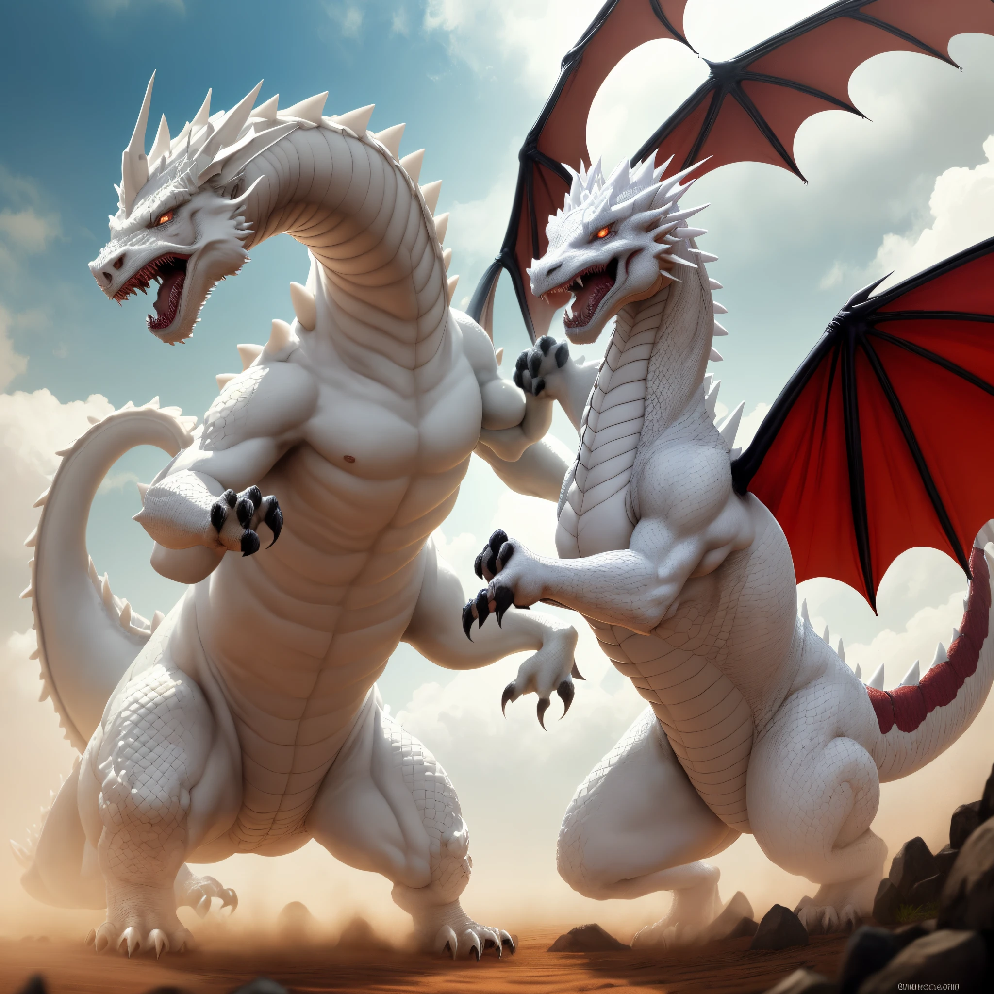 A red dragon and a white dragon fighting. The white dragon is three times the size of the red dragon