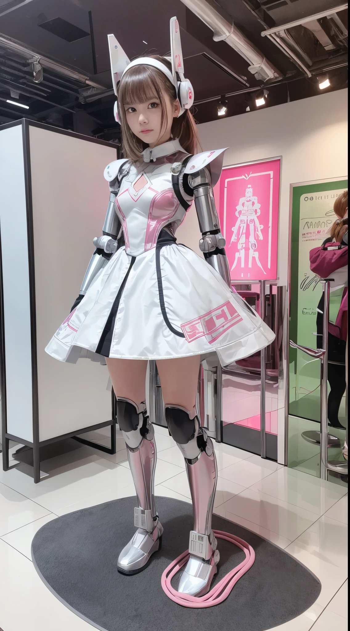 Robot Girl, pink there, Silver, Metallic body, Robot Parts, Metal Parts, Super Detailed Face, Super well-formed face, of the highest quality, a small face, a small head, Brown hair, Slender body, Camera gaze, Internal Mechanical Exposure, Idol, front facing, Well-proportioned body, sale, Exhibited, Event Hall, Moe Pose, White Maid Dress Machine Armor, Standing with legs open, Model body type, sad, Embarrassing,(Perfect Robot Girl),(Perfect machine body)