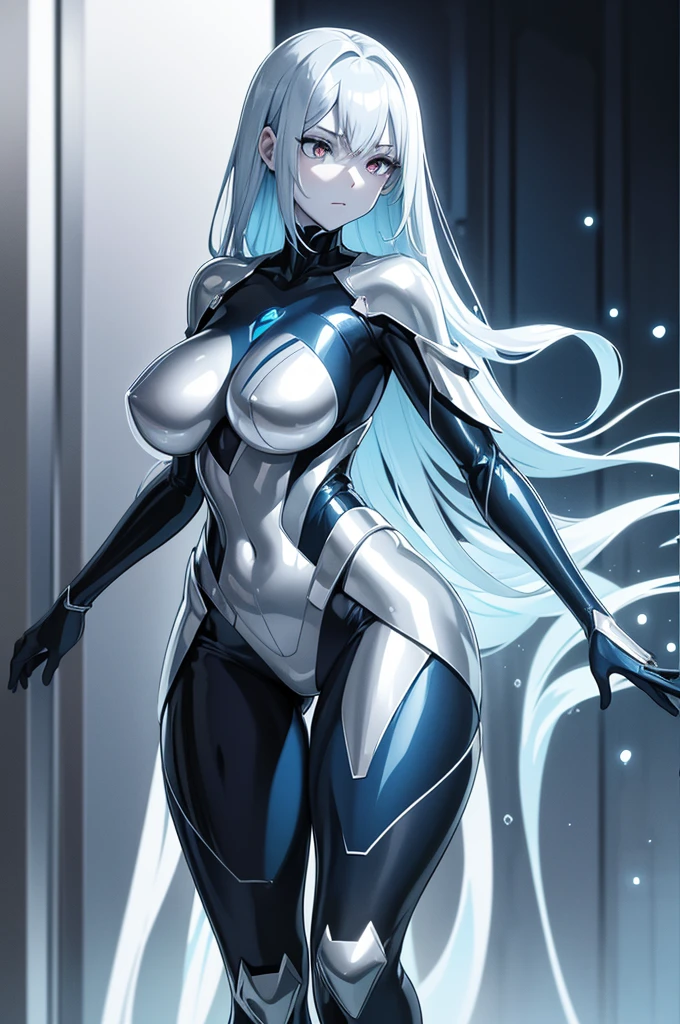 liquid metal girl, shiny skin, shiny body, whole body is metallic shiny skin, glossy silver skin, slightly bluish silver colored skin, Metal droplets running down the surface, vertical blue lines from both breasts to both thighs, bluish liquid metal cultivated girl