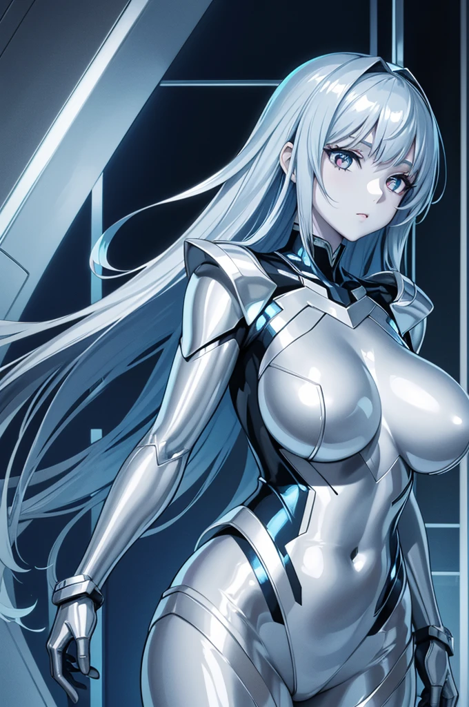 liquid metal girl, shiny skin, shiny body, whole body is metallic shiny skin, glossy silver skin, slightly bluish silver colored skin, Metal droplets running down the surface, vertical blue lines from both breasts to both thighs, bluish liquid metal cultivated girl
