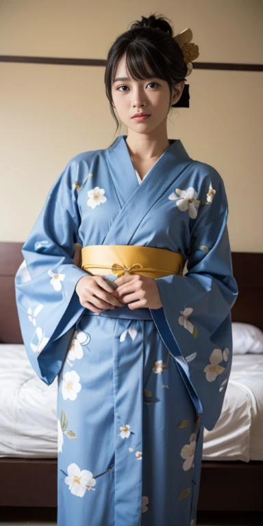 (masutepiece, Best Quality:1.4), Beautiful face, 8K, 85 mm, absurderes, ((FULL BODYSHOT:1.3))、((Dark bedroom in the hotel))、(Floral pattern long-sleeved kimono:1.4), cowboy  shot、violaceaess, gardeniass, Delicate girl, Solo, Long bob hair、Night, Looking at Viewer, Upper body, Film grain, chromatic abberation, Sharp Focus, face lights, Professional Lighting, Sophisticated, (Smile:0.4), (Simple background, Bokeh background:1.2), Detail Face