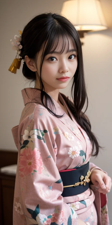 (masutepiece, Best Quality:1.4), Beautiful face, 8K, 85 mm, absurderes, ((FULL BODYSHOT:1.3))、((Dark bedroom in the hotel))、(Floral pattern long-sleeved kimono:1.4), cowboy  shot、violaceaess, gardeniass, Delicate girl, Solo, Long bob hair、Night, Looking at Viewer, Upper body, Film grain, chromatic abberation, Sharp Focus, face lights, Professional Lighting, Sophisticated, (Smile:0.4), (Simple background, Bokeh background:1.2), Detail Face