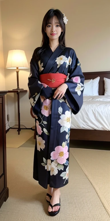 (masutepiece, Best Quality:1.4), Beautiful face, 8K, 85 mm, absurderes, ((FULL BODYSHOT:1.3))、((Dark bedroom in the hotel))、(Floral pattern long-sleeved kimono:1.4), cowboy  shot、violaceaess, gardeniass, Delicate girl, Solo, Long bob hair、Night, Looking at Viewer, Upper body, Film grain, chromatic abberation, Sharp Focus, face lights, Professional Lighting, Sophisticated, (Smile:0.4), (Simple background, Bokeh background:1.2), Detail Face