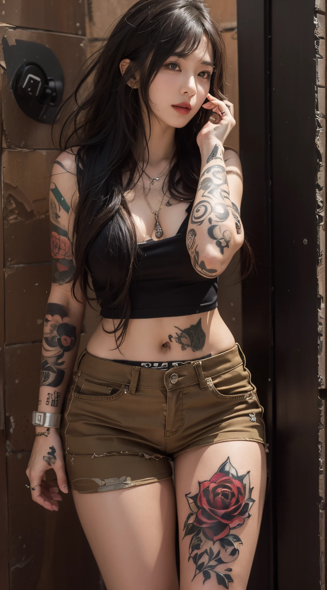 Mujer arafed con tatuajes y un top negro posando para una foto., de chica taiwanesa con tatuajes, con tatuajes, cuerpo tatuado, tatuajes y piercings, Entintado, Yakuza Slim Chica, cuerpo cubierto de tatuajes florales, Manga de tatuaje en su brazo derecho, Tatuajes, estilo de tatuaje, cuerpo completamente tatuado, tatuajes en toda la piel, Foto de Slim Girl Model, tatuado