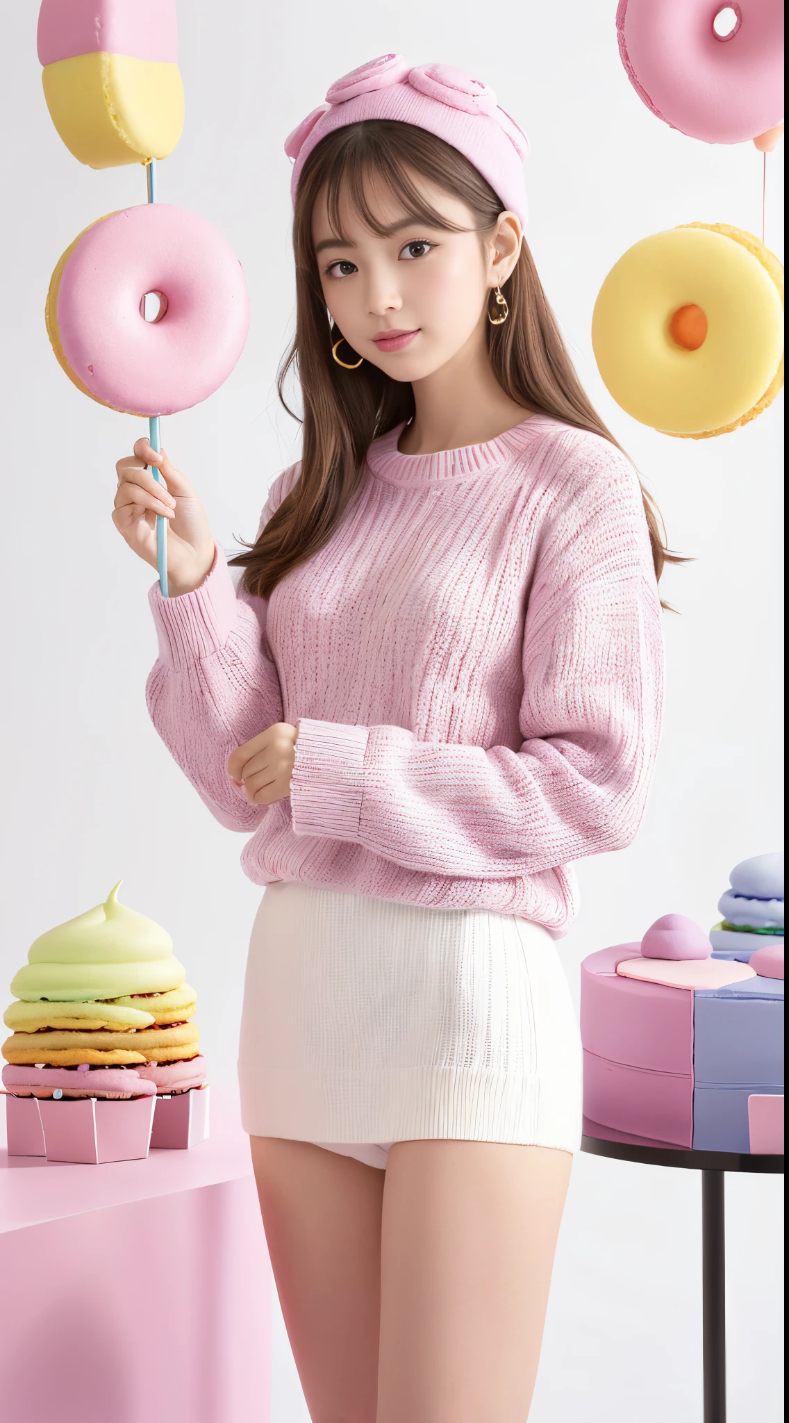 (masutepiece:1.2), (best quarity:1.2), (ultra-detailliert:1.2), Official art, Illustration, 1girl in,Happy, Solo, Full body, (Stand on the mini base:1.1025), (White background, Simple background:1.5), floating, a cake, macaroons, donut, Flutes and toys, tea set, (maximalism:0.9), pastel color, (spark of light:1.1), Cute , ((Sweaters/color pastel knit clothes)), (Have a lollipop), ((Cupcakes bigger than the character)), Girl on a plate ,Eyelashes,