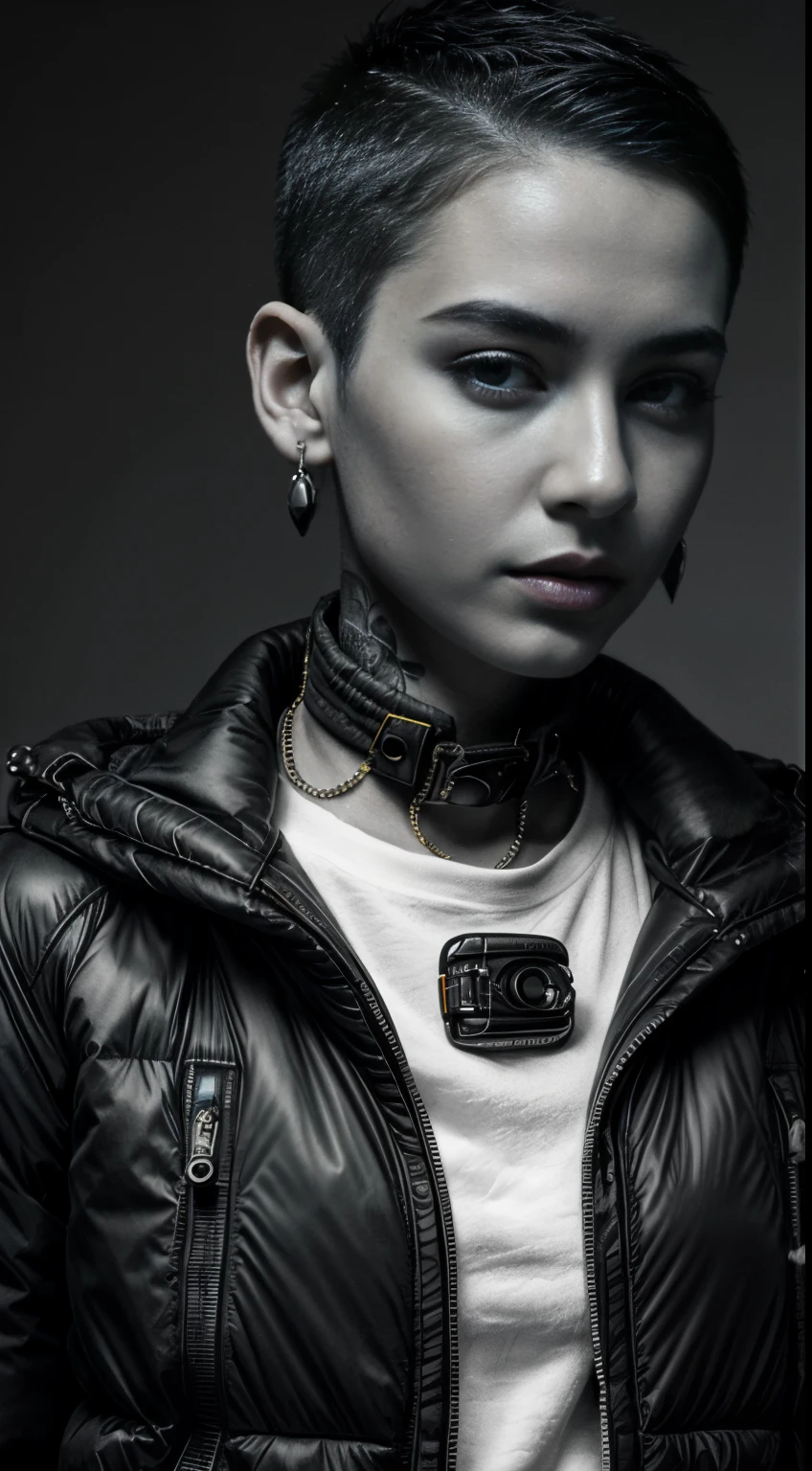 realistic,photo,35mm,cinematic(1woman with super puffer balenciaga jacket with short hair,neck tattoos)colorful background graphite,ultra sharp